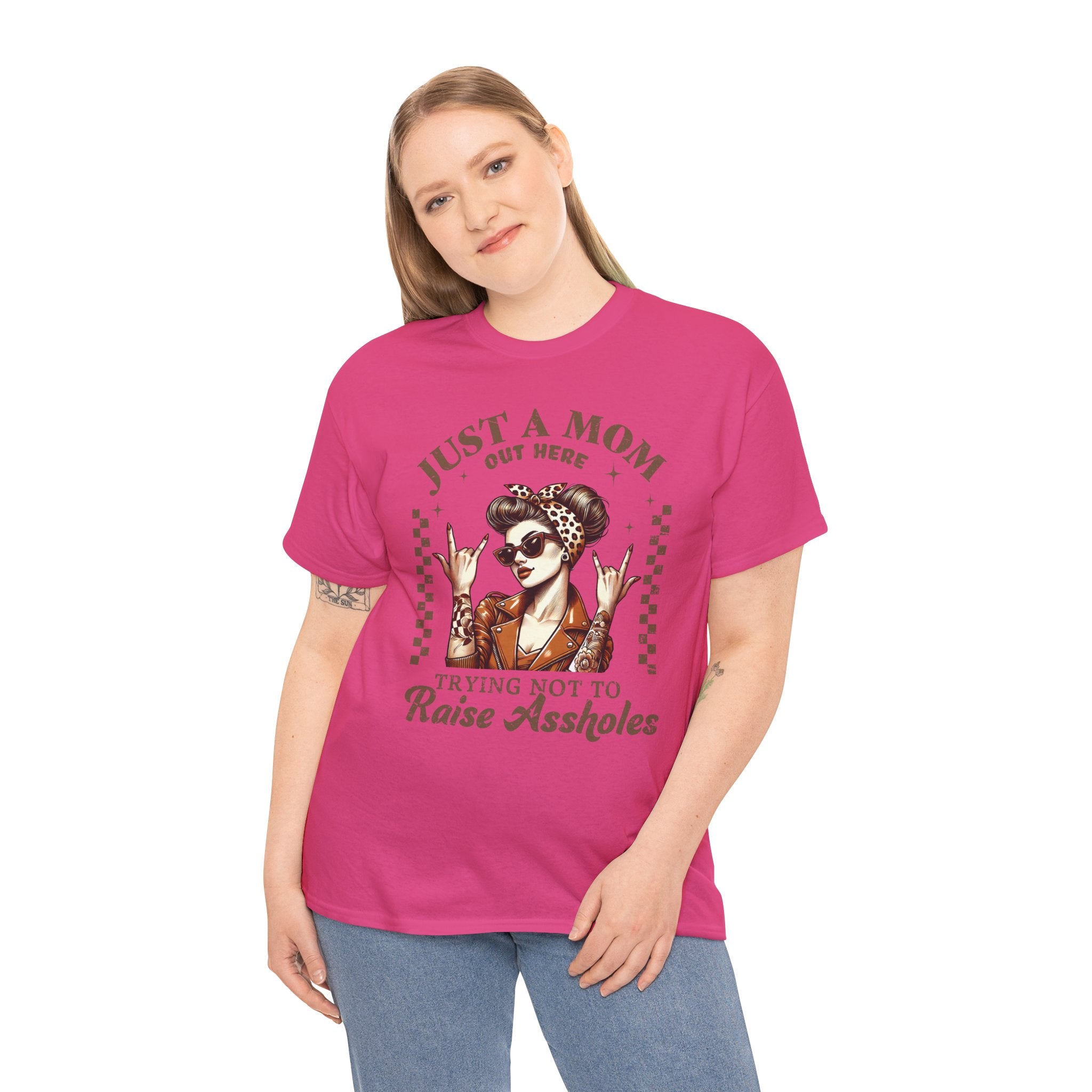 Just a Mom Trying Not to Raise A**holes – Funny Real Life Mom Tee, Trendy Graphic Shirt | Cr8tive Designs