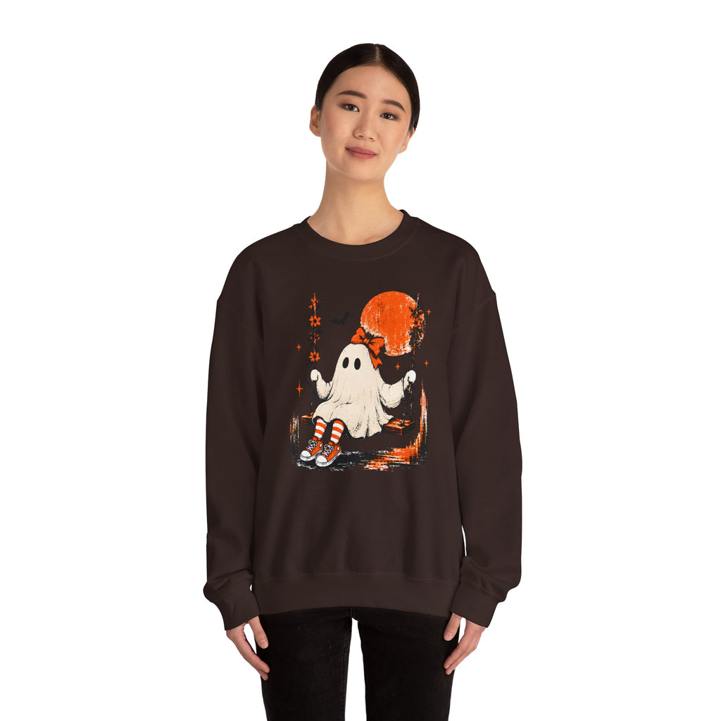Retro Cute Ghost on Swing Sweatshirt | Vintage Coquette Halloween Graphic Crewneck | Cr8tive Designs