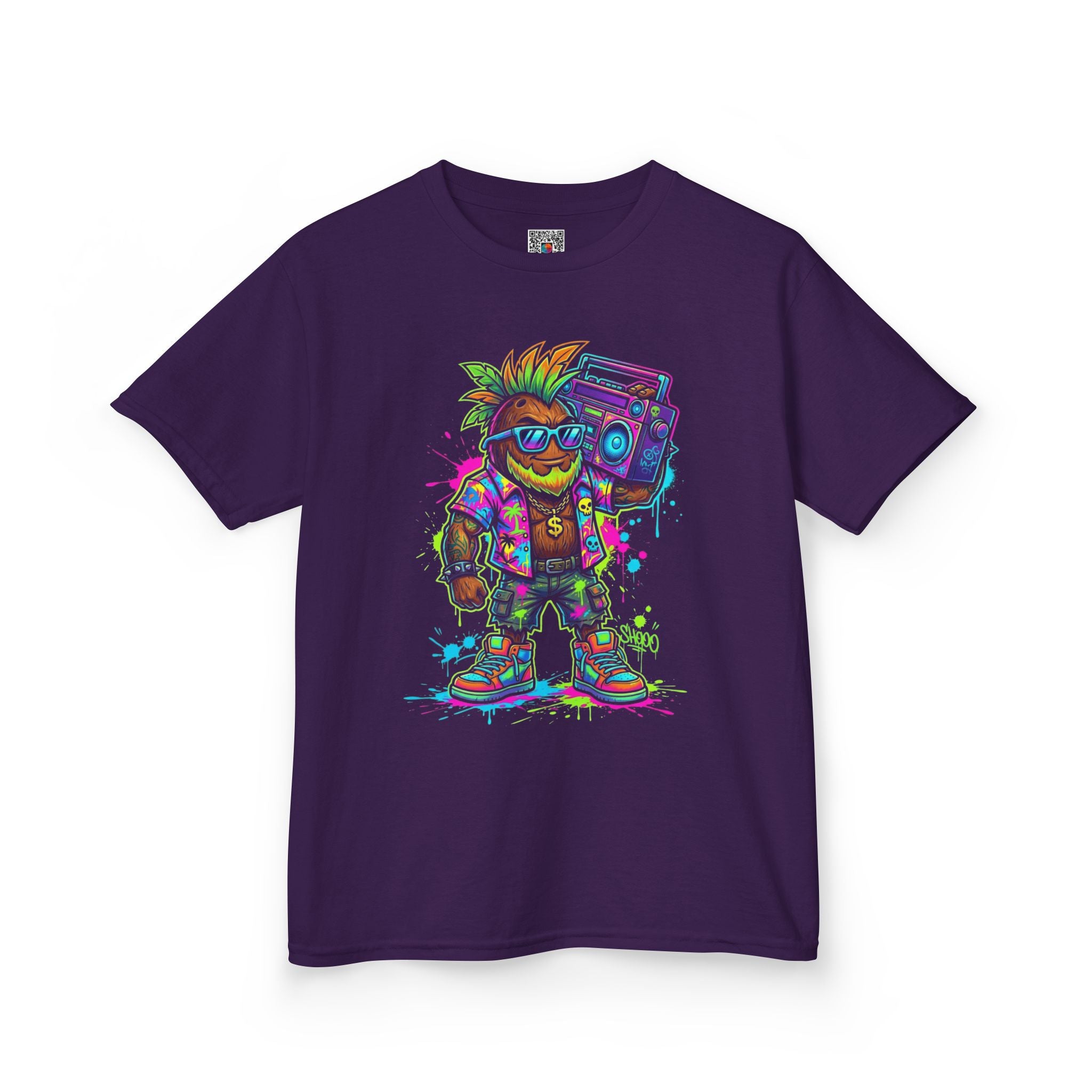 Kids Retro Streetwear T‑Shirt | Neon Skateboarder with Boombox Graphic | Cr8tive Designs