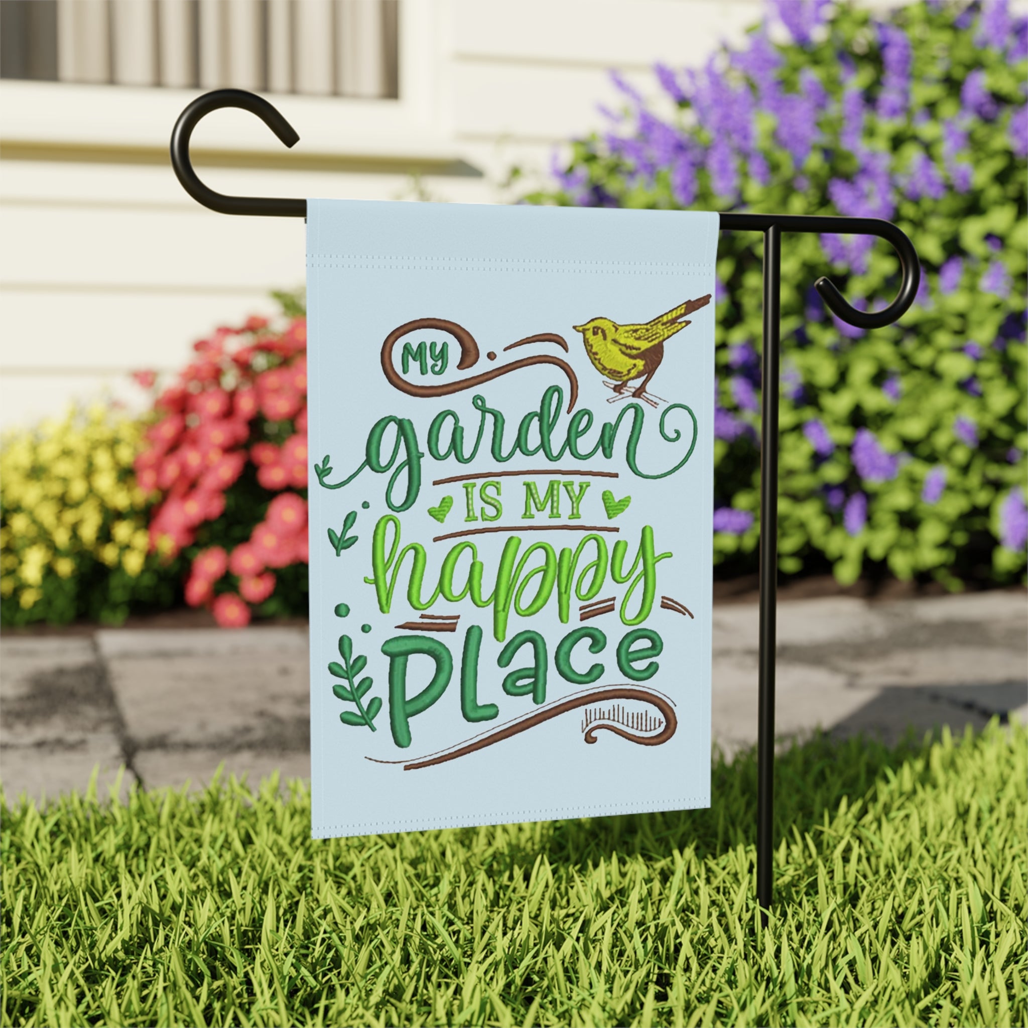 Garden Flag — “My Garden Is My Happy Place” Decorative Outdoor Banner/Cr8tive Designs