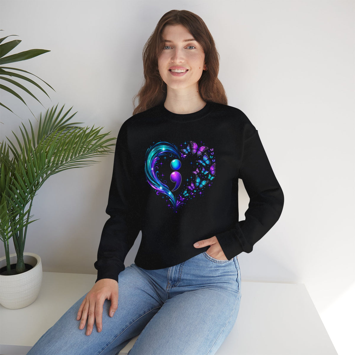 Semicolon Butterfly Heart Sweatshirt | Mental Health Awareness Crewneck | Cr8tive Designs