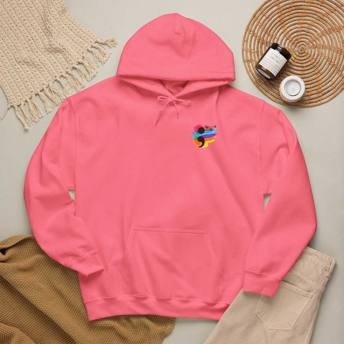 Watercolor Semicolon Hoodie | Rainbow Splash Mental Health Pocket Print Pullover | Cr8tive Designs