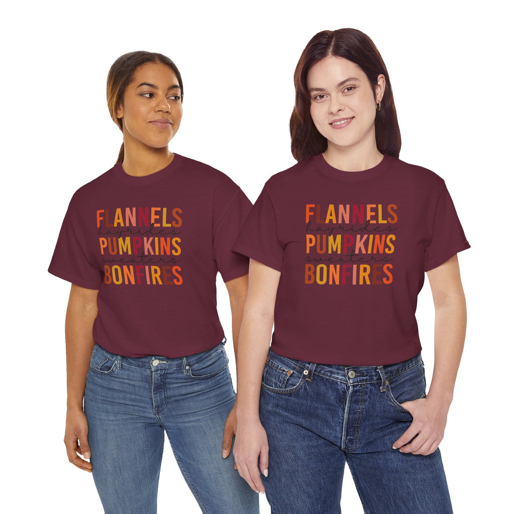Flannels Hayrides Pumpkins & Bonfires Tee | Cozy Fall Favorites T-Shirt | Cr8tive Designs