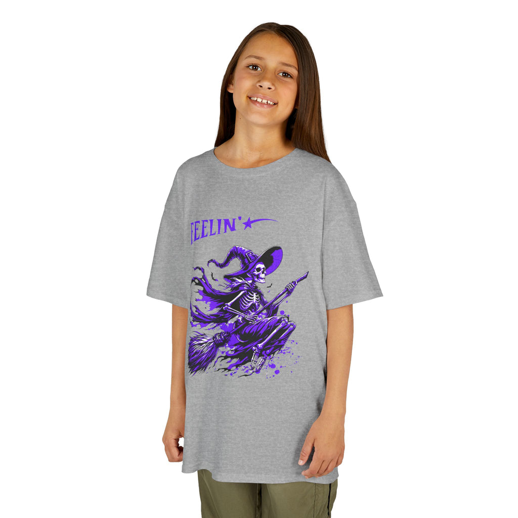 Kids Witch Broom Tee "Feelin'" | Purple Witch Flying Graphic T‑Shirt | Cr8tive Designs