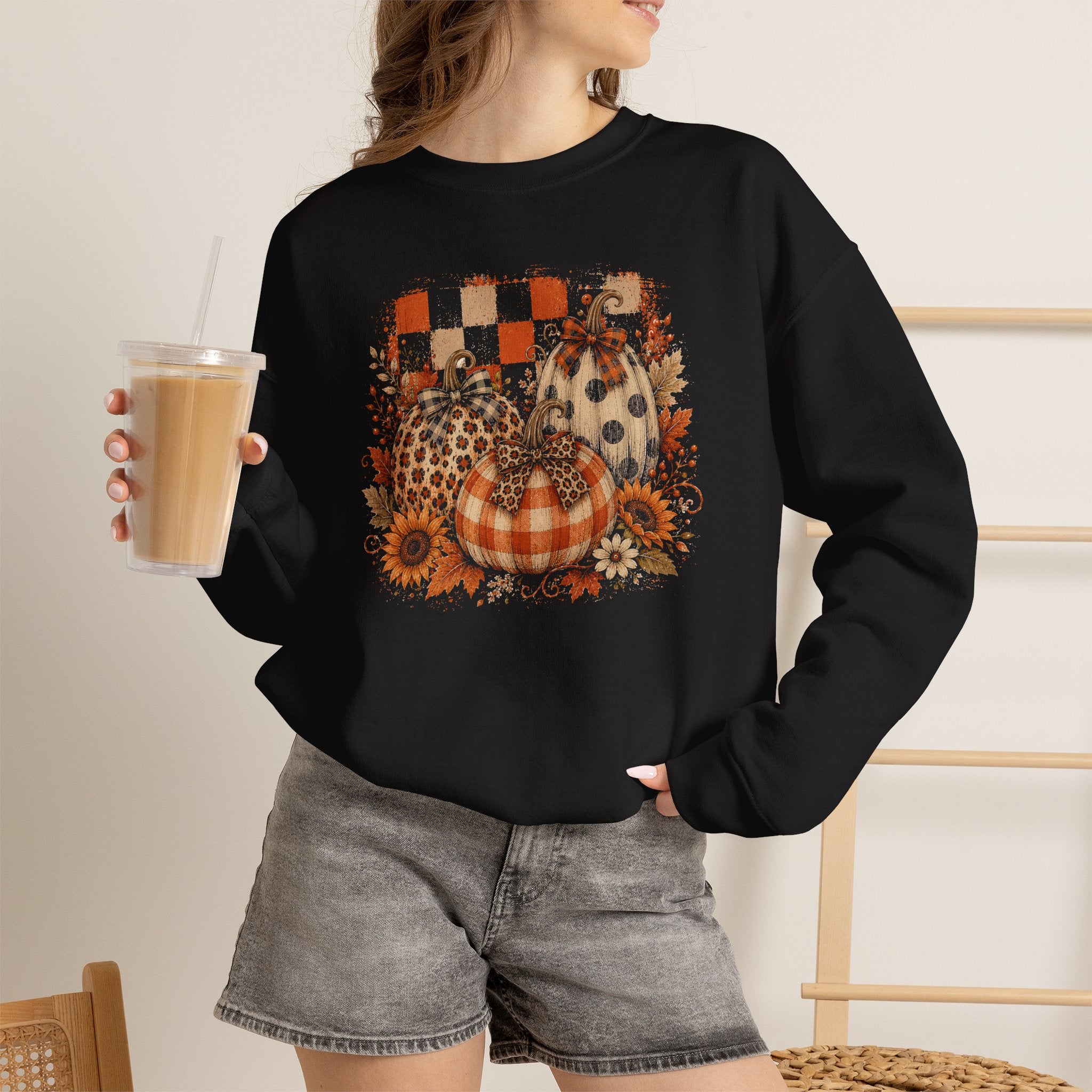 Vintage Patchwork Pumpkin Sweatshirt | Rustic Autumn Floral & Checkered Sweatshirt | Cr8tive Designs