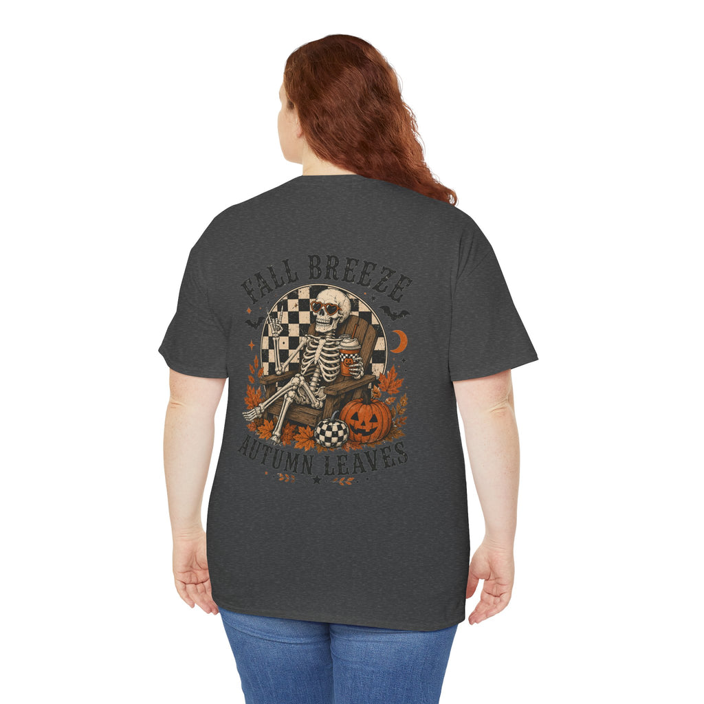 Fall Breeze Autumn Leaves Skeleton Tee | Double Sided Halloween Graphic Tee | Cr8tive Designs