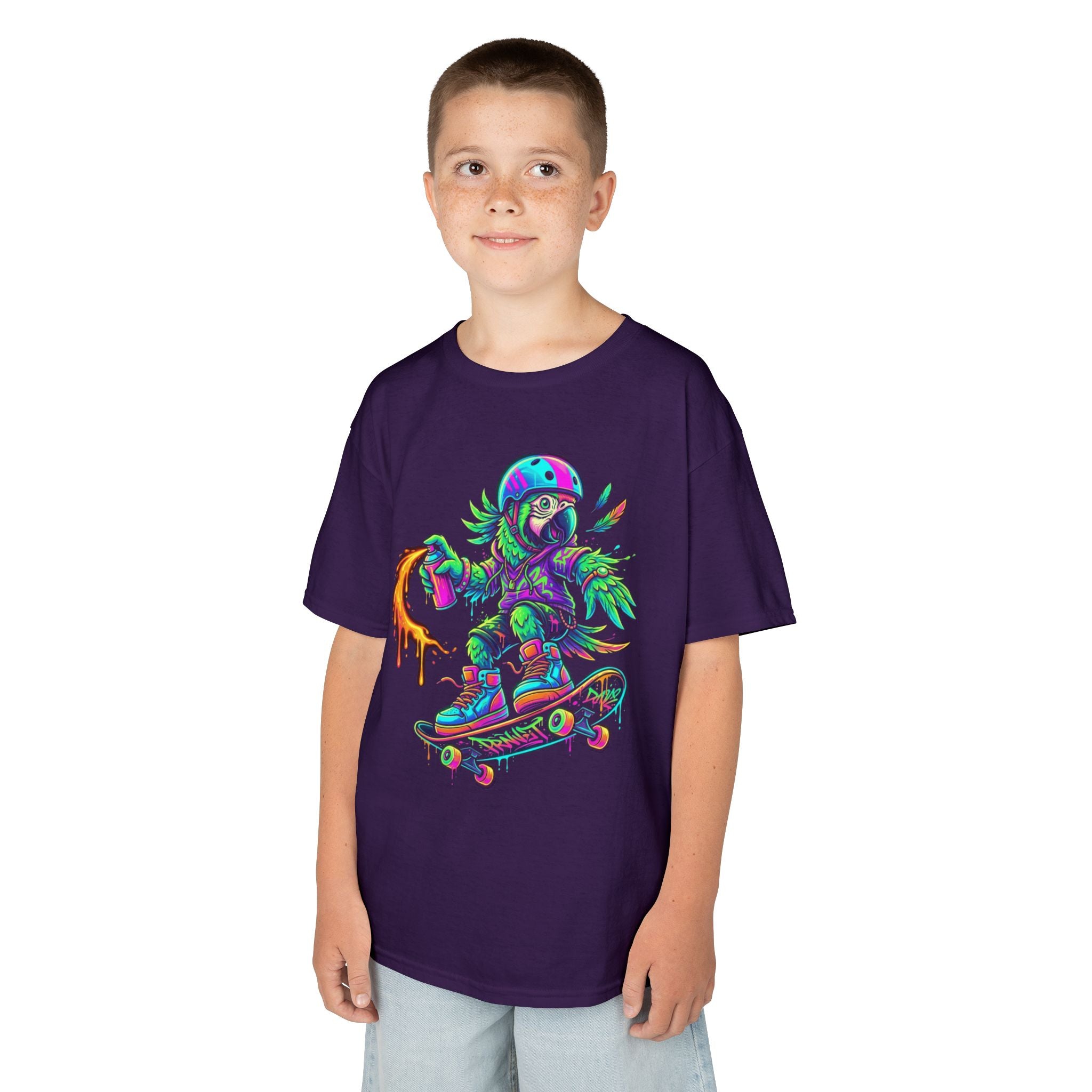 Kids T-Shirt | Neon Skate Parrot Skateboarder Graphic Tee | Cr8tive Designs