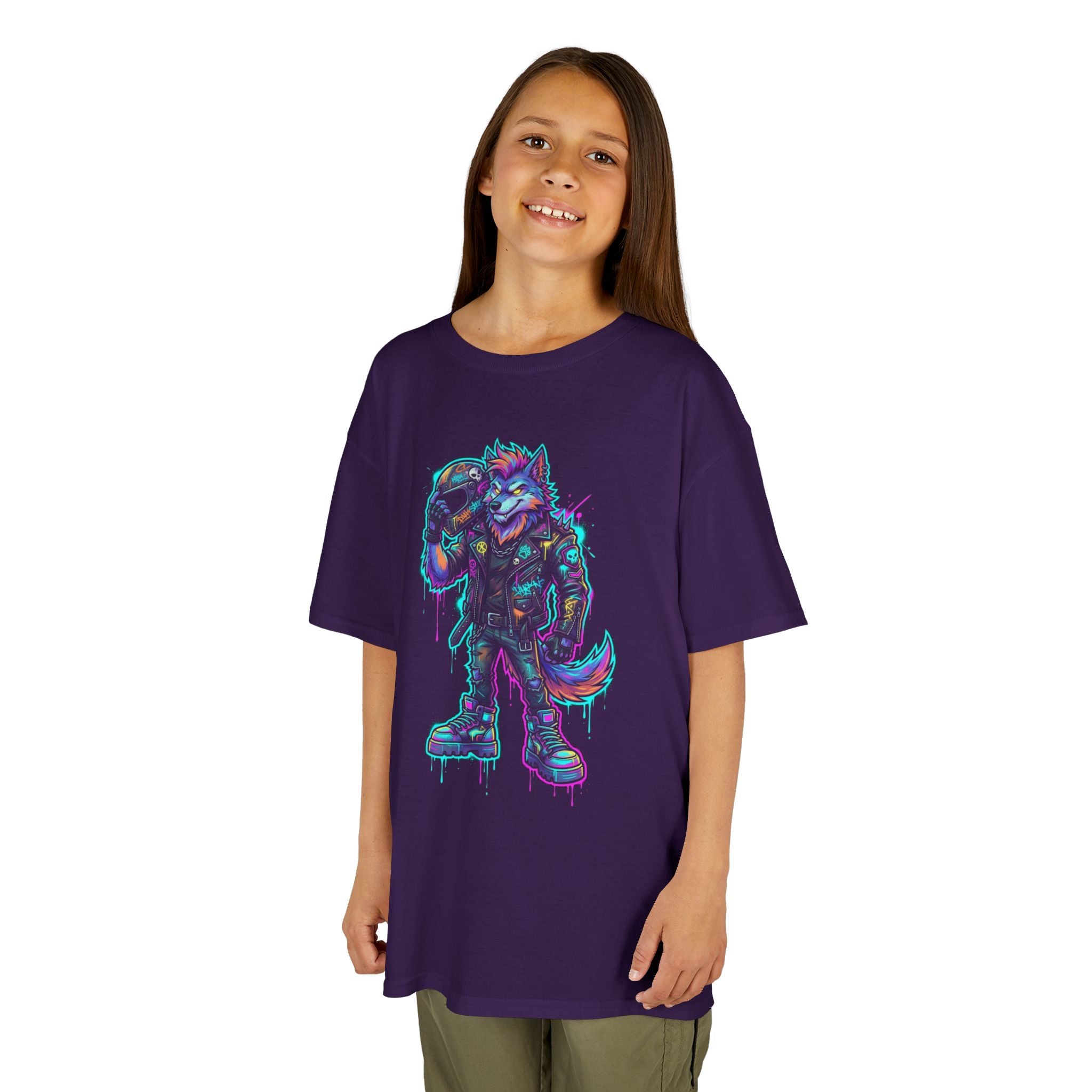 Kids Wolf Character Tee | Neon Cyberpunk Fox-Wolf Gamer Shirt | Cr8tive Designs
