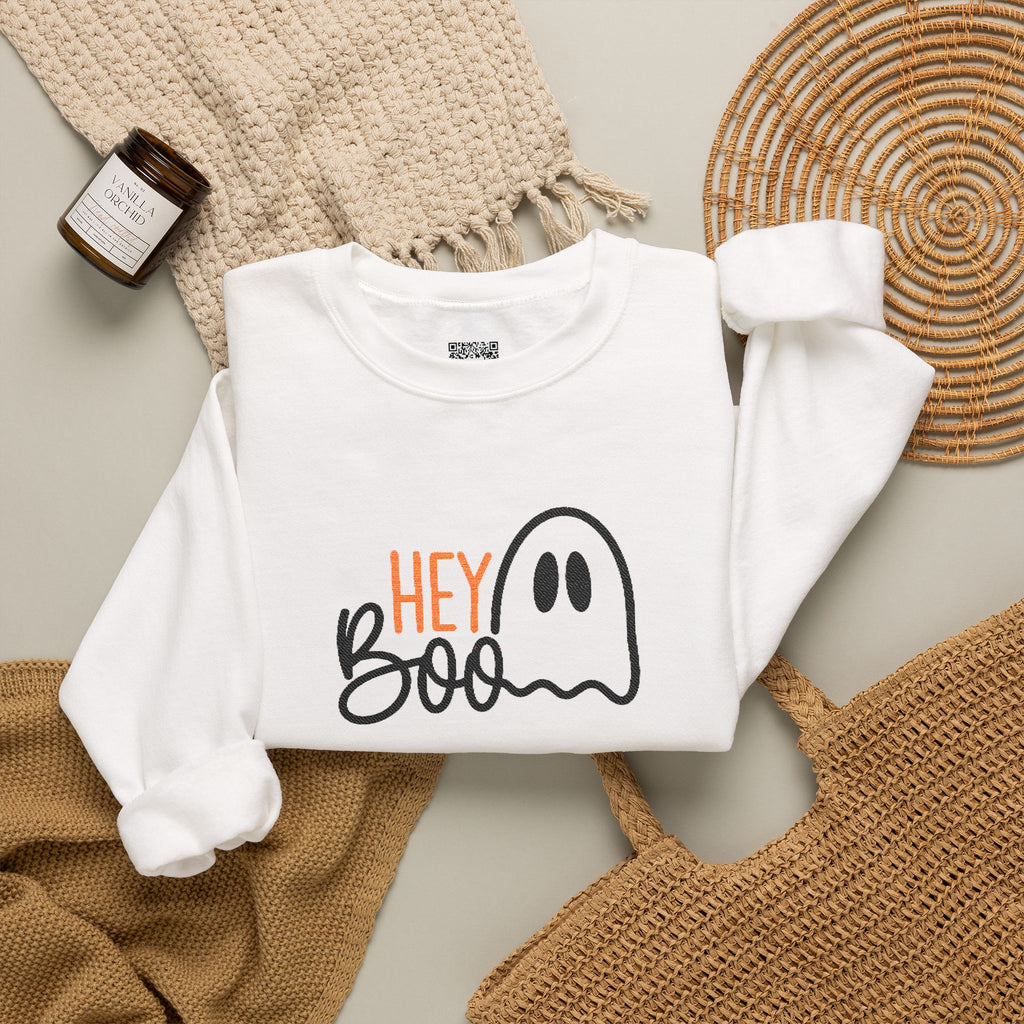 Embroidered Hey Boo Sweatshirt | Cute Ghost Halloween Crewneck | Cr8tive Designs