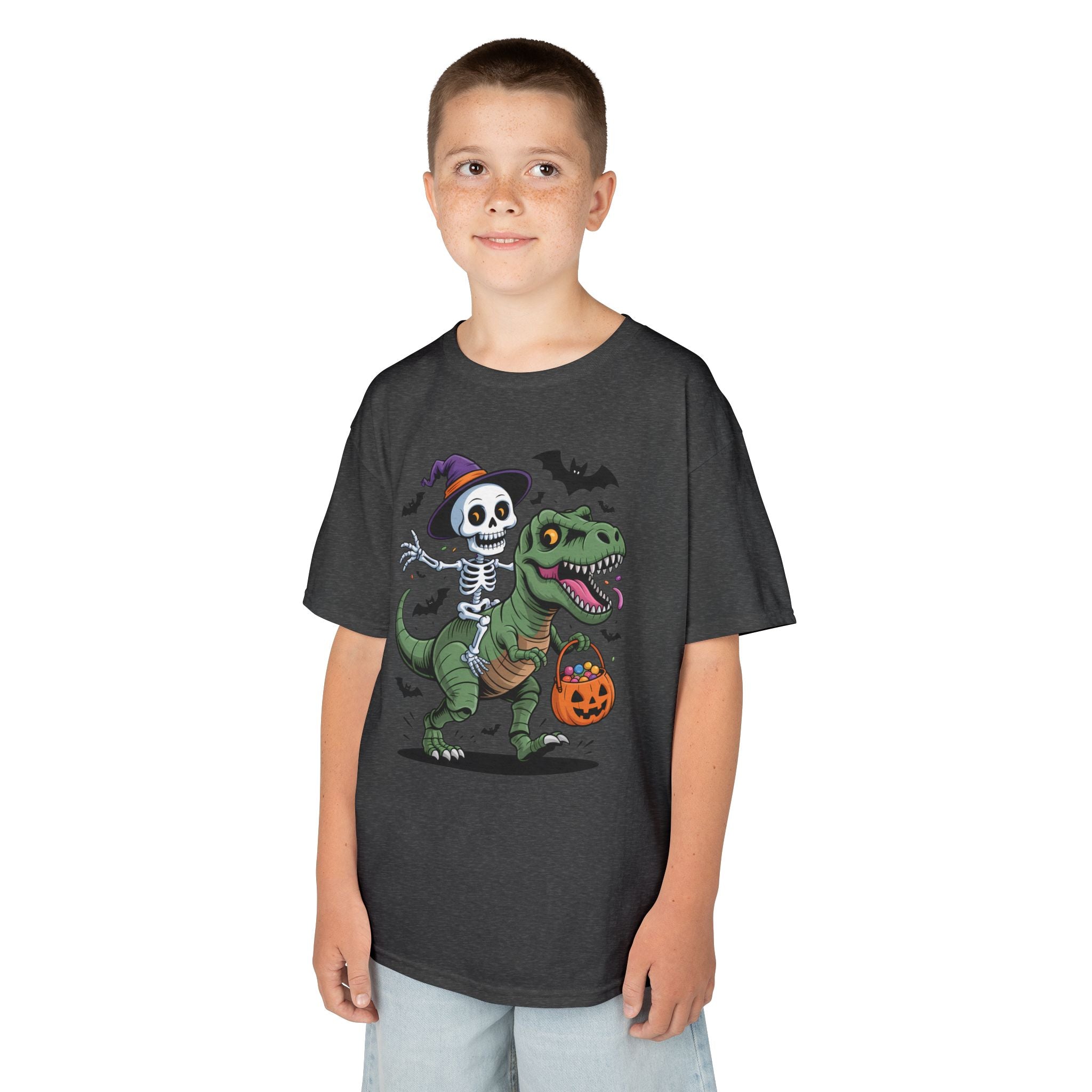 Skeleton Riding T-Rex Youth T-Shirt | Spooky Dino Halloween Kids Tee | Cr8tive Designs