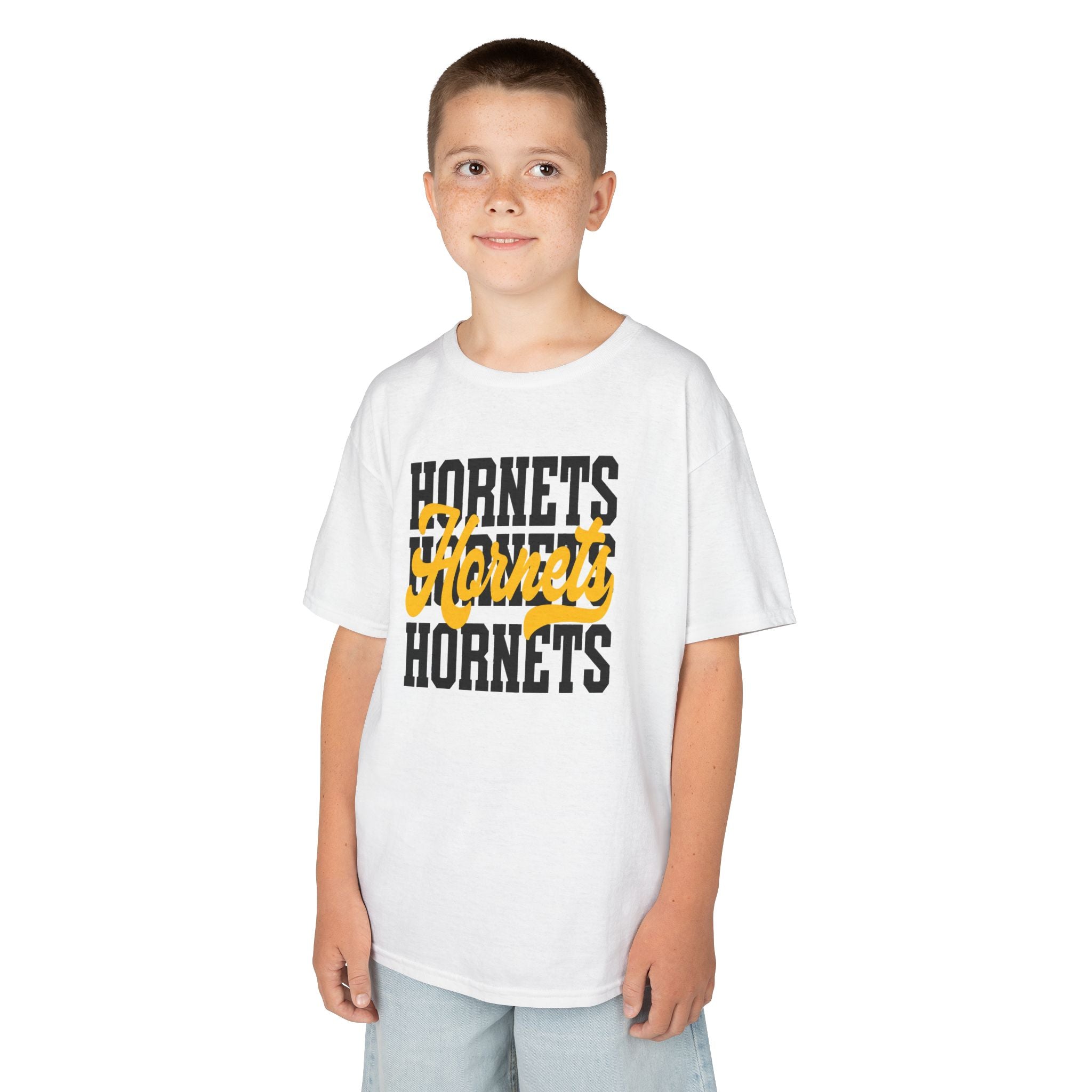 Stacked Hornets Script Youth T-Shirt | School Spirit Mascot Game Day Tee | Cr8tive Designs