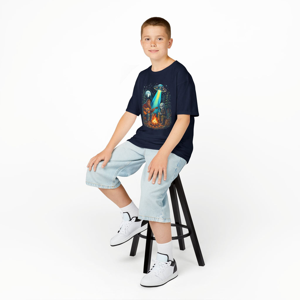 Bigfoot and Alien Campfire Youth T-Shirt | Retro UFO Campfire Boys Tee | Cr8tive Designs