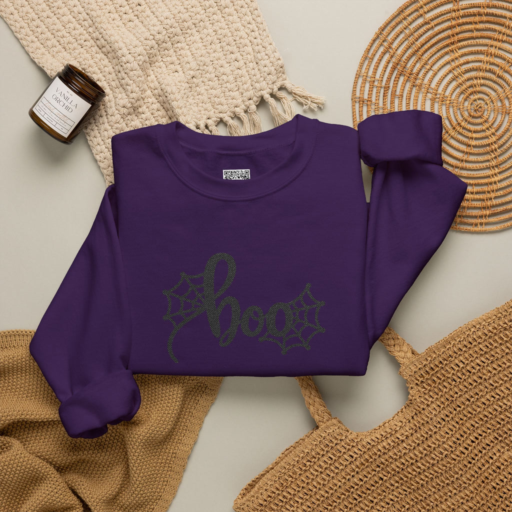 Embroidered Boo Spiderweb Sweatshirt | Retro Spider Web Halloween Sweatshirt | Cr8tive Designs