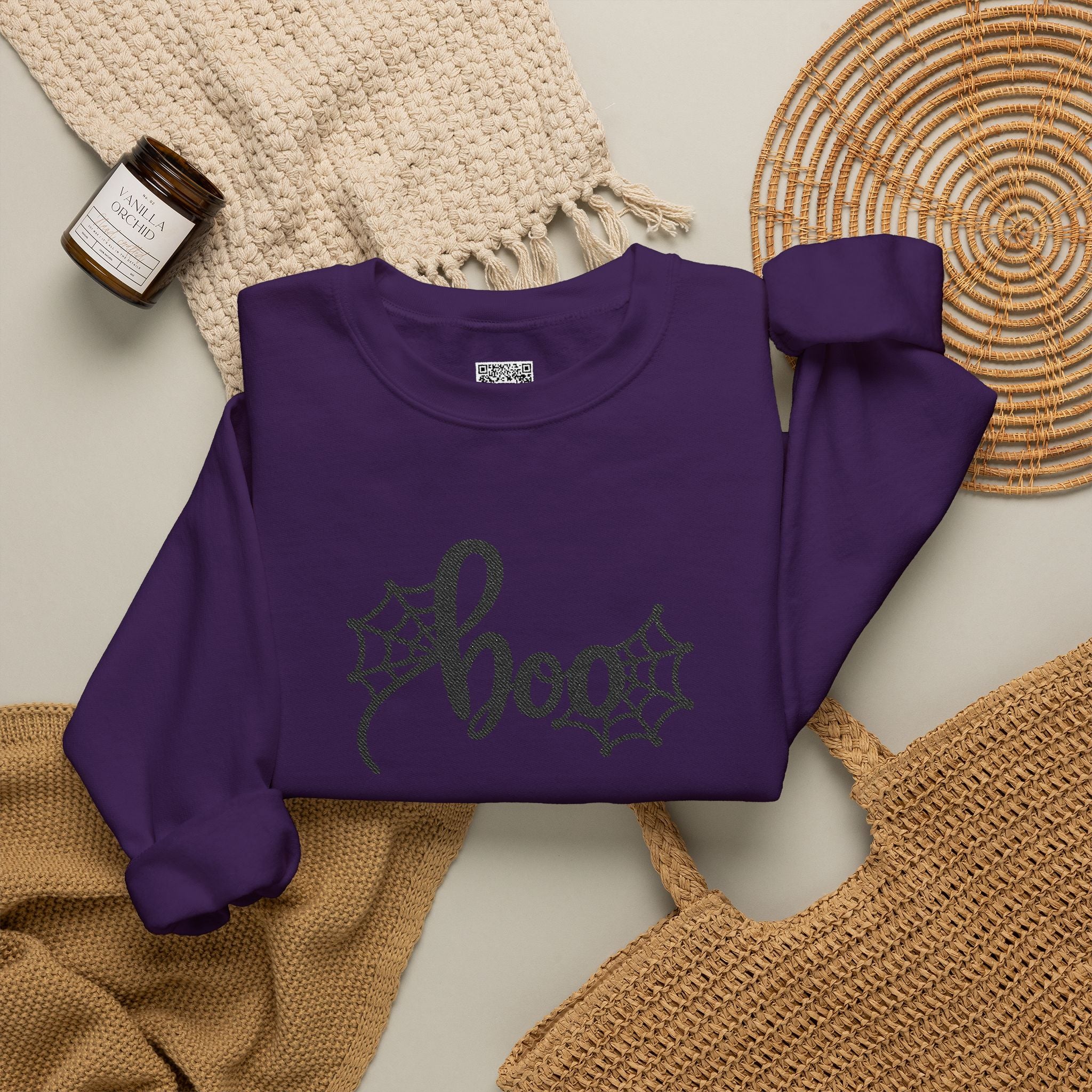 Embroidered Boo Spiderweb Sweatshirt | Retro Spider Web Halloween Sweatshirt | Cr8tive Designs