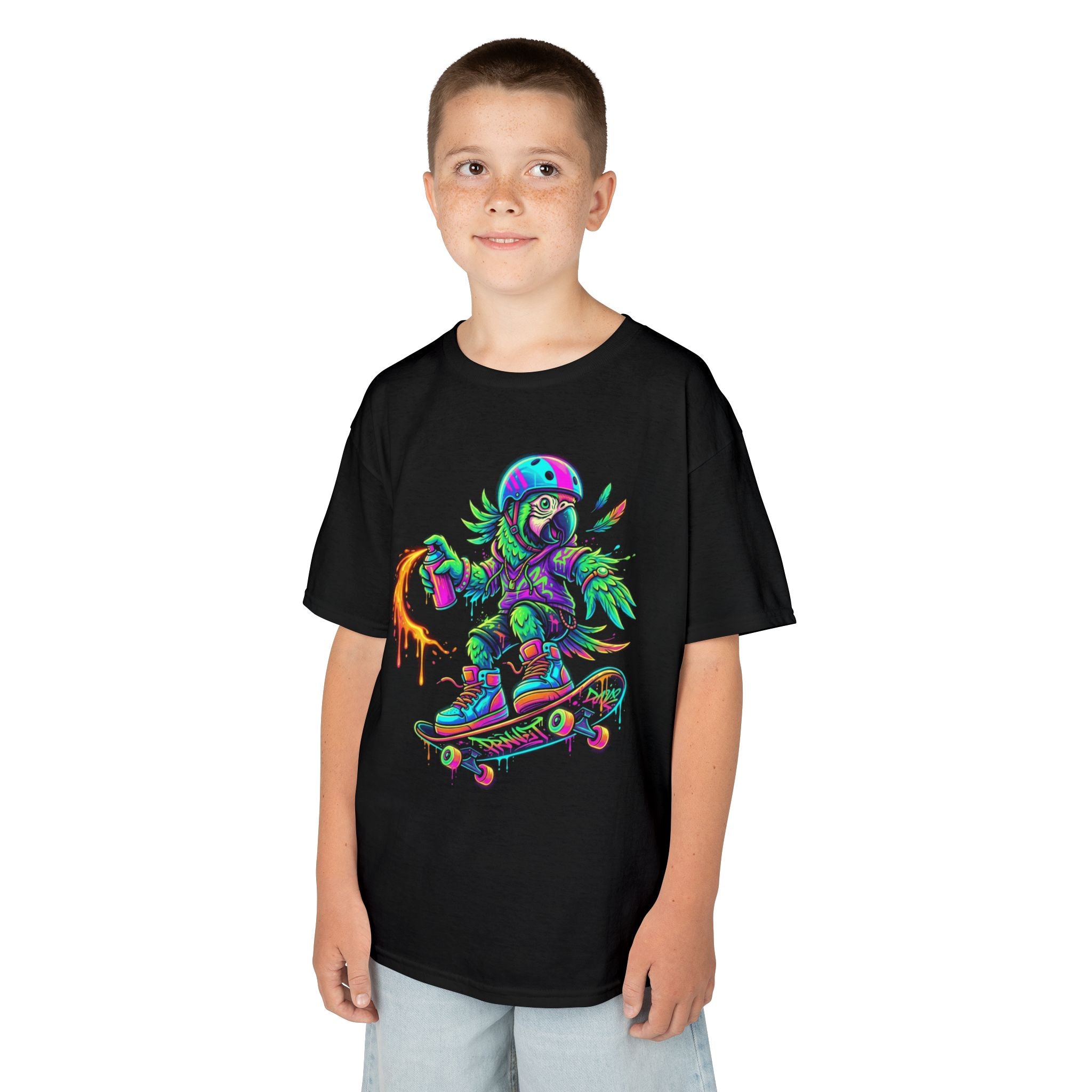 Kids T-Shirt | Neon Skate Parrot Skateboarder Graphic Tee | Cr8tive Designs