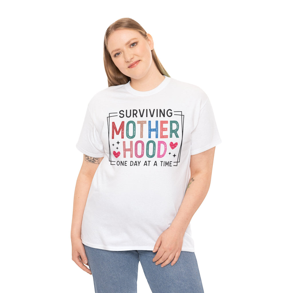 Surviving Motherhood One Day at a Time T-Shirt | Funny Mom Life Graphic Tee | Colorful Statement Shirt | Cr8tive Designs