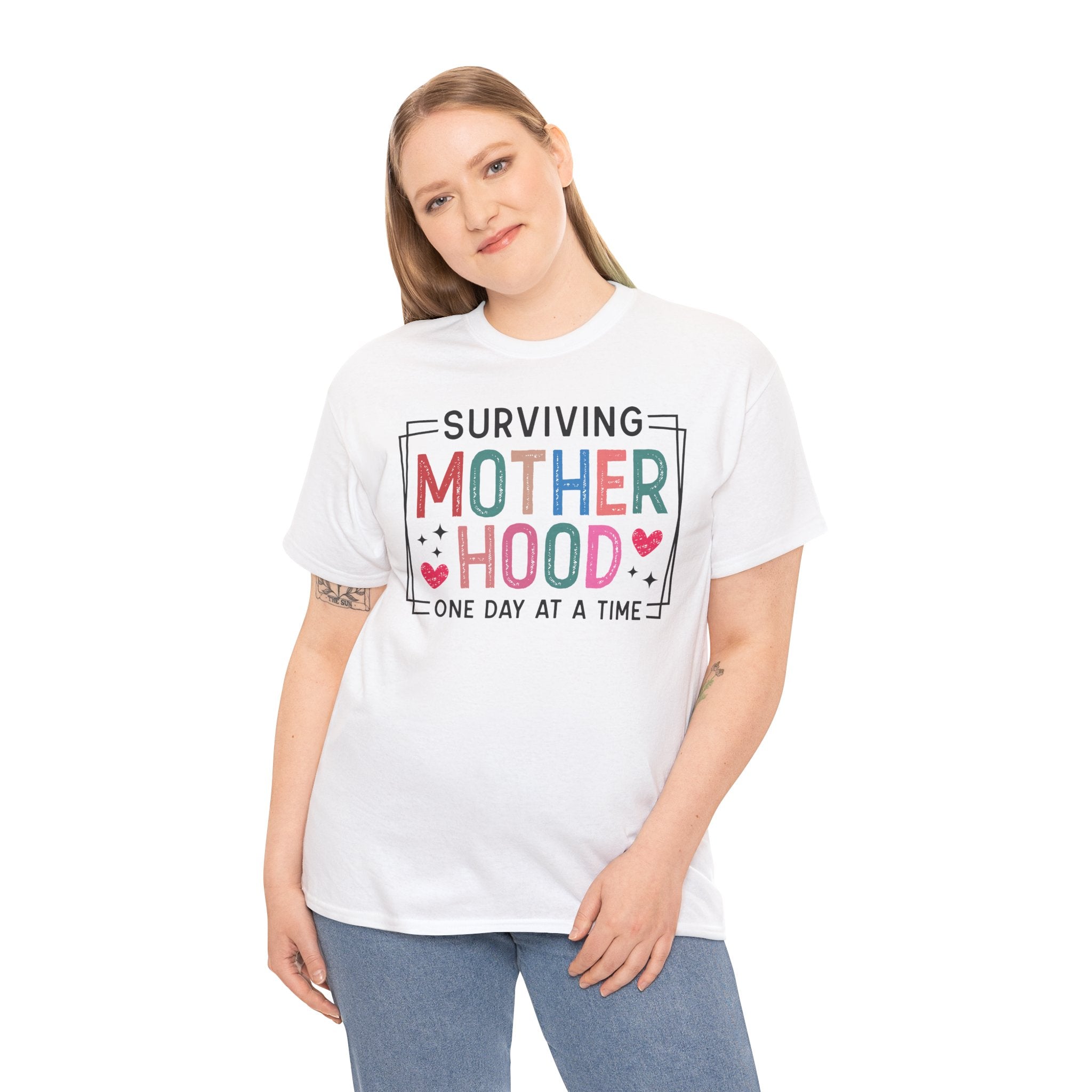 Surviving Motherhood One Day at a Time T-Shirt | Funny Mom Life Graphic Tee | Colorful Statement Shirt | Cr8tive Designs