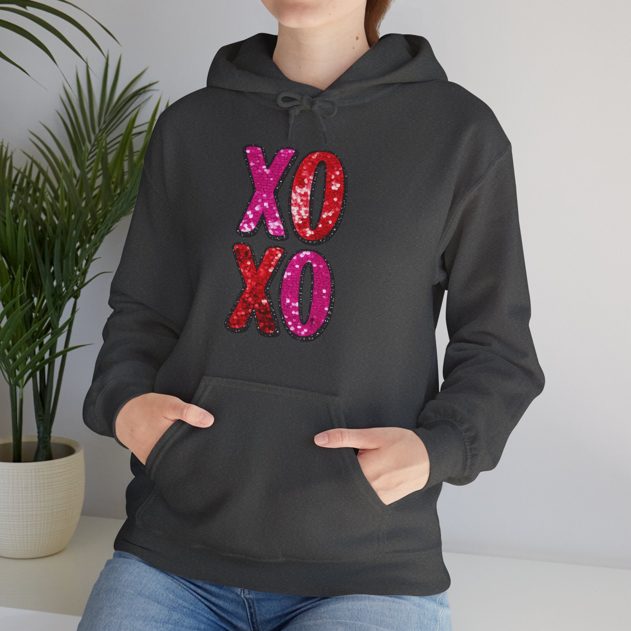 Valentine XO Hoodie – Pink & Red Faux Glitter Kisses Pullover