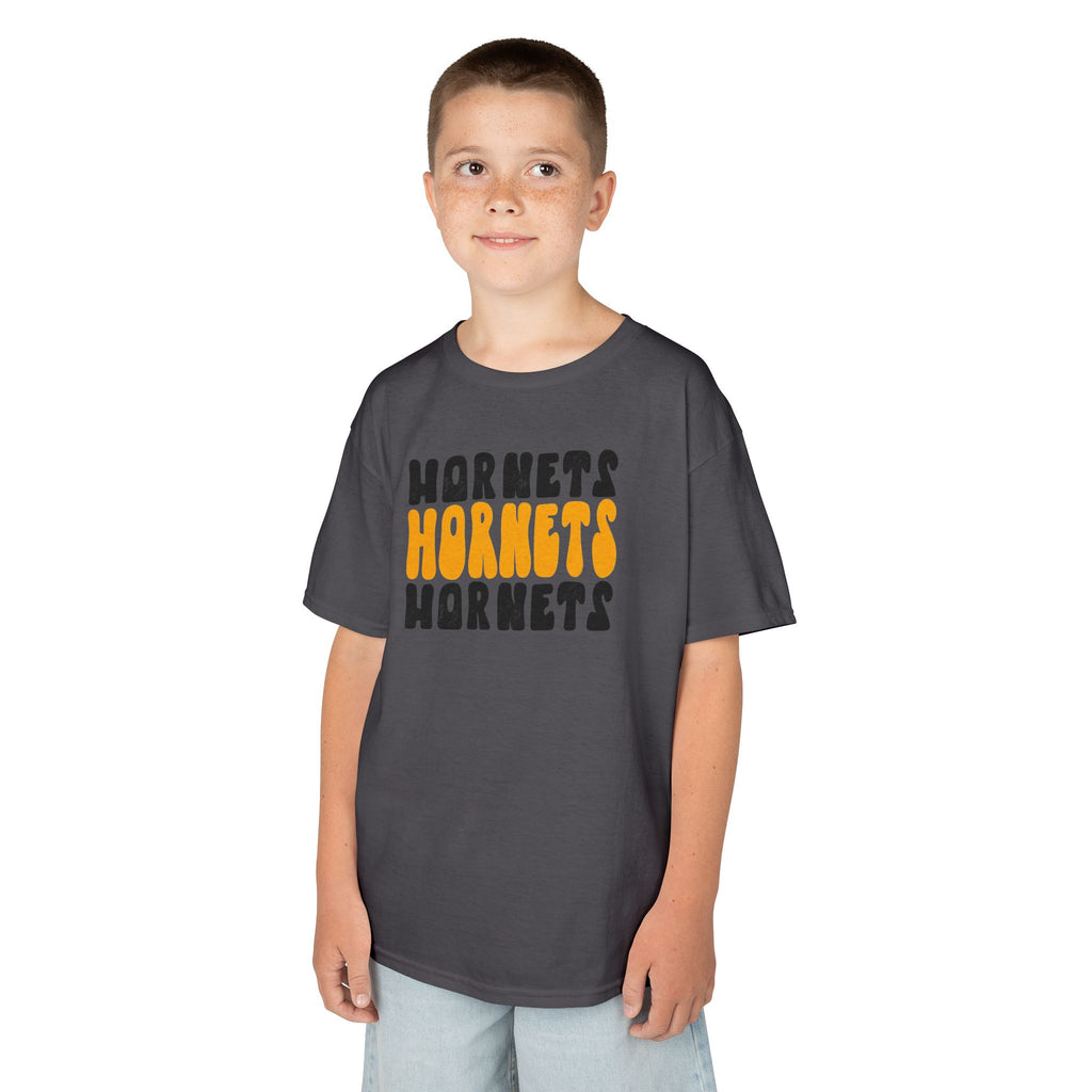 Retro Groovy Hornets Youth T-Shirt | Wavy Stacked School Spirit Mascot Tee | Cr8tive Designs