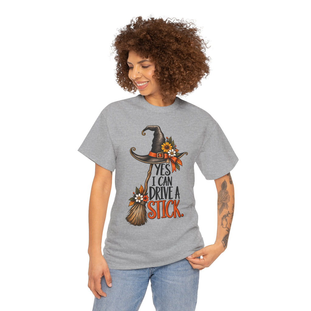 Yes I Can Drive A Stick T-Shirt | Funny Witch Broomstick Halloween Tee | Cr8tive Designs