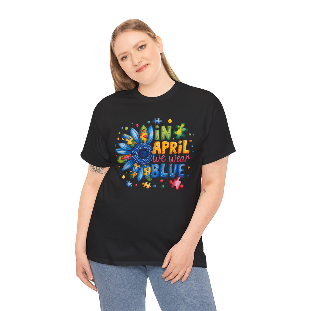 Autism Awareness Month Shirt | In April We Wear Blue | Colorful Puzzle Flower Unisex Graphic Tee | Cr8tive Designs