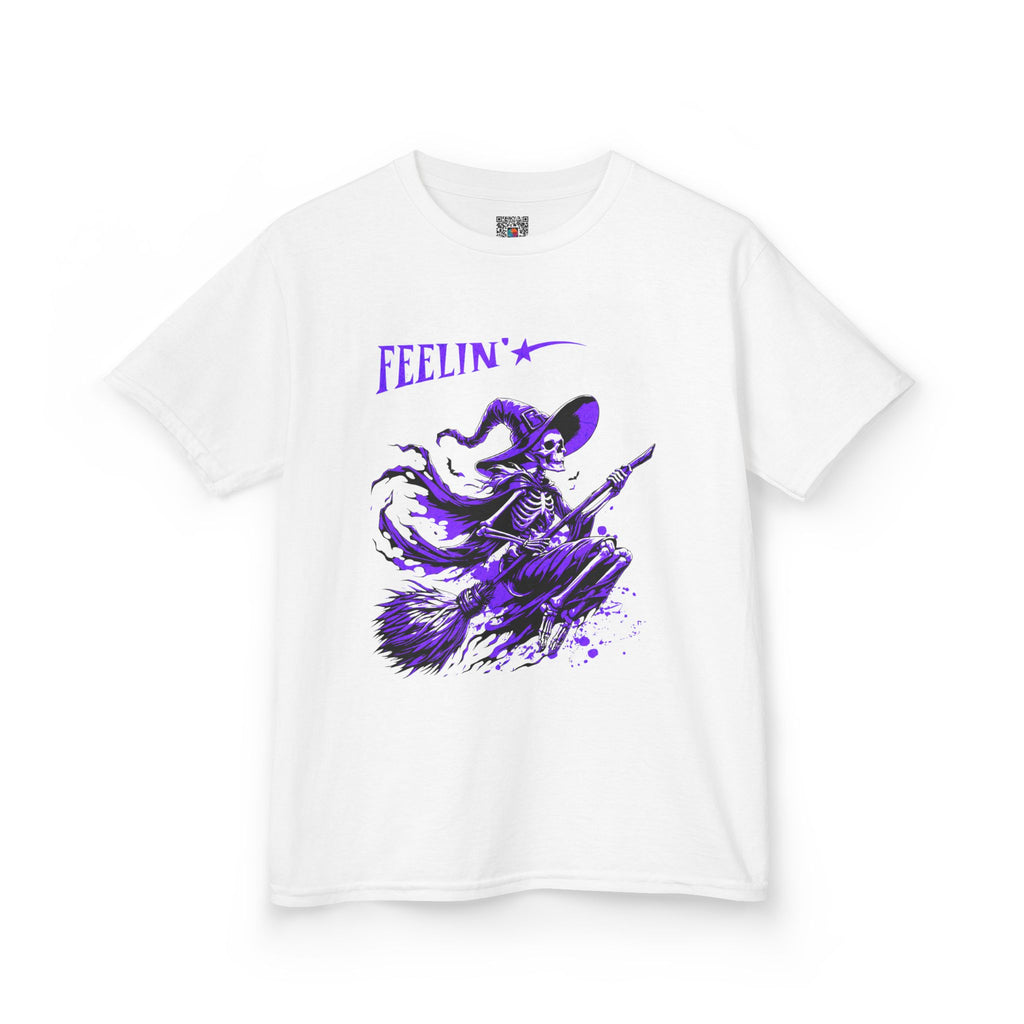 Kids Witch Broom Tee "Feelin'" | Purple Witch Flying Graphic T‑Shirt | Cr8tive Designs