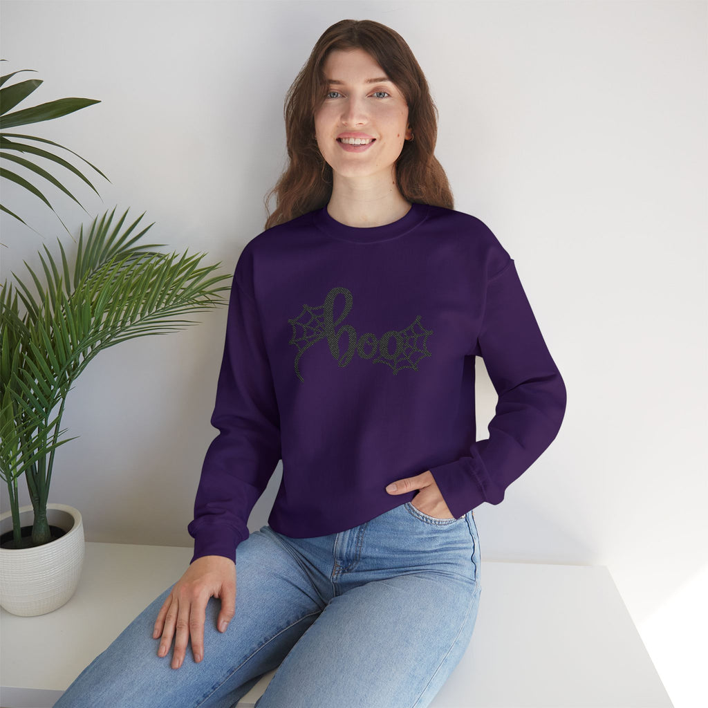 Embroidered Boo Spiderweb Sweatshirt | Retro Spider Web Halloween Sweatshirt | Cr8tive Designs