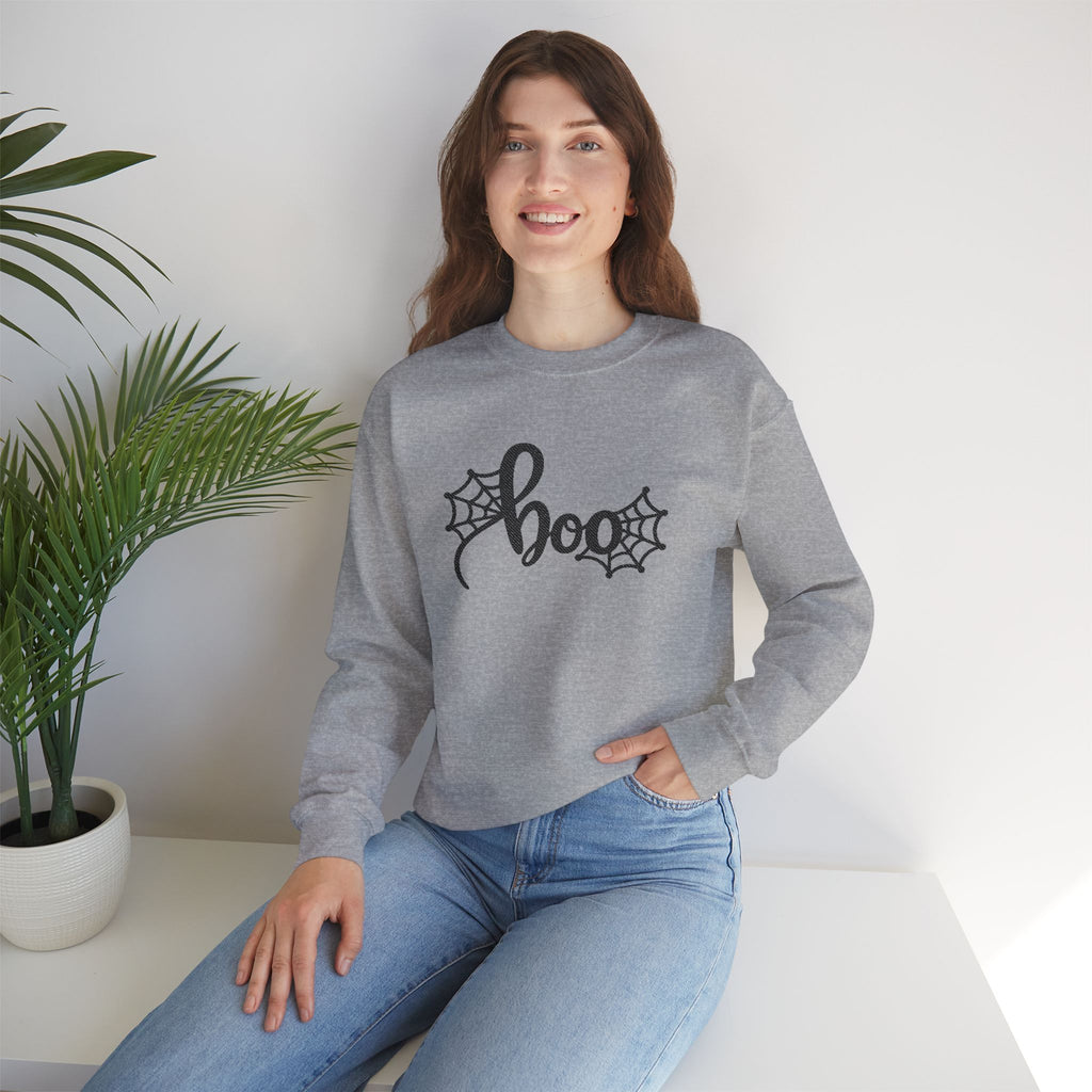Embroidered Boo Spiderweb Sweatshirt | Retro Spider Web Halloween Sweatshirt | Cr8tive Designs