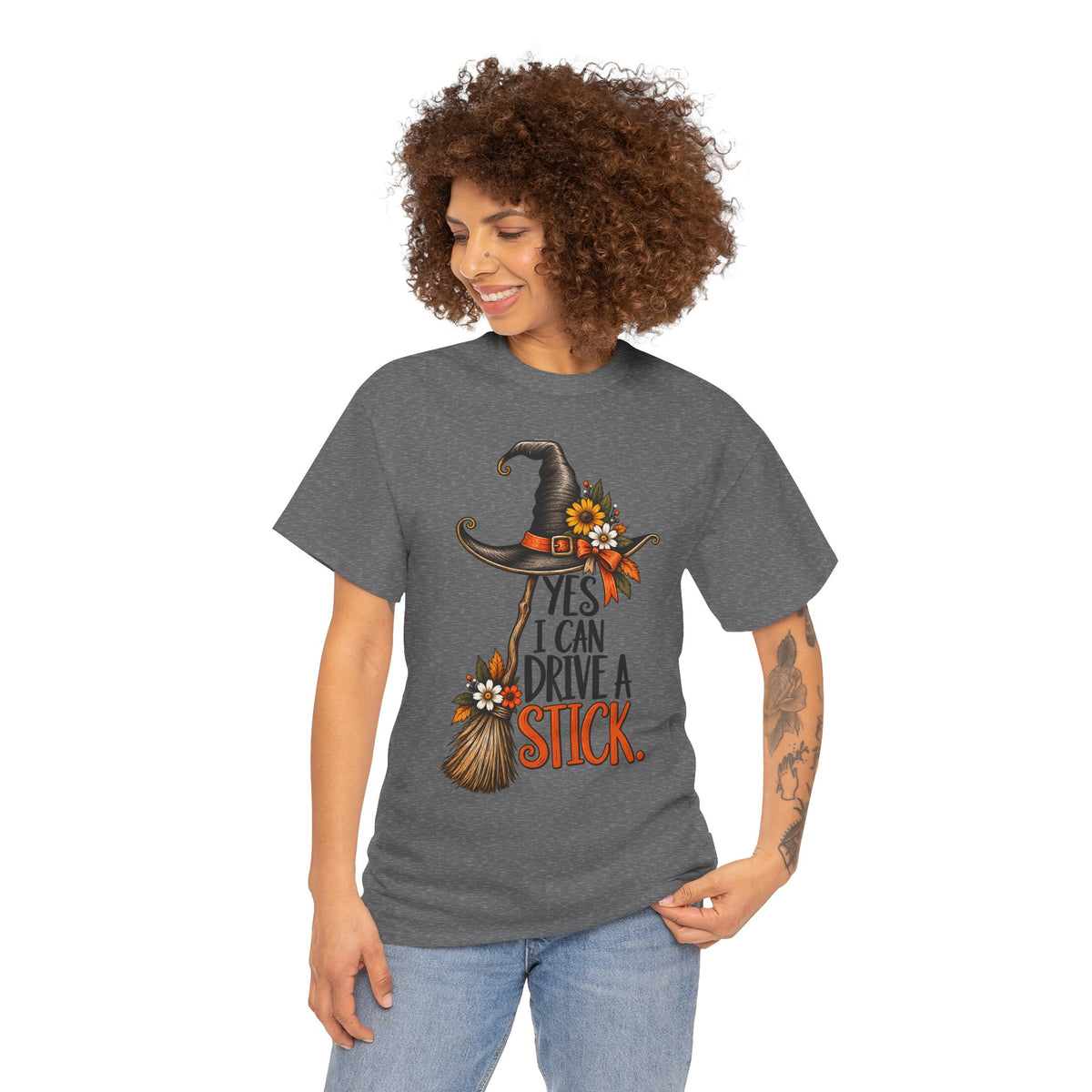 Yes I Can Drive A Stick T-Shirt | Funny Witch Broomstick Halloween Tee | Cr8tive Designs