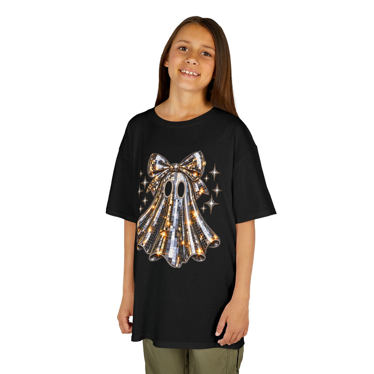Disco Ball Ghost With Bow T-Shirt | Cute Spooky Sparkle Halloween Tee | Cr8tive Designs