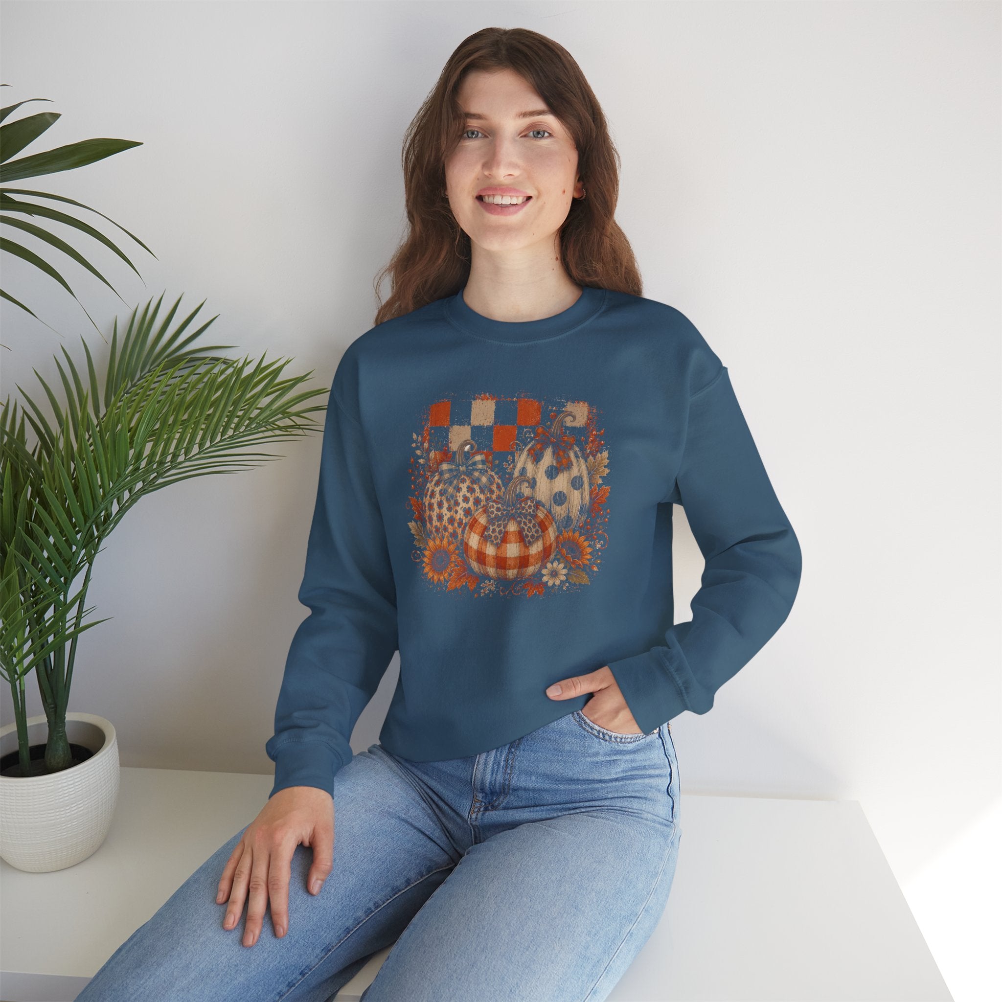 Vintage Patchwork Pumpkin Sweatshirt | Rustic Autumn Floral & Checkered Sweatshirt | Cr8tive Designs