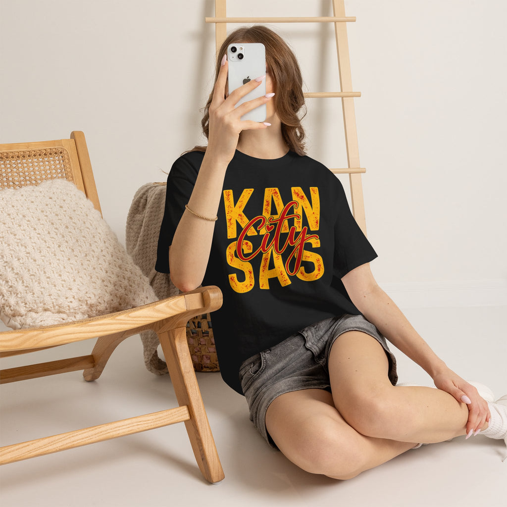 Kansas City Graphic T-Shirt | Distressed Red & Gold Script Football Apparel | Cr8tive Designs