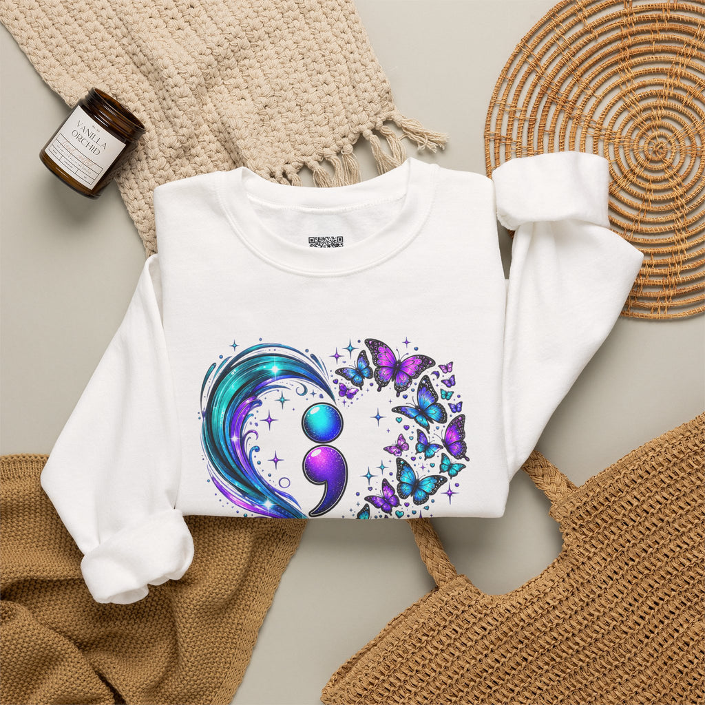 Semicolon Butterfly Heart Sweatshirt | Mental Health Awareness Crewneck | Cr8tive Designs