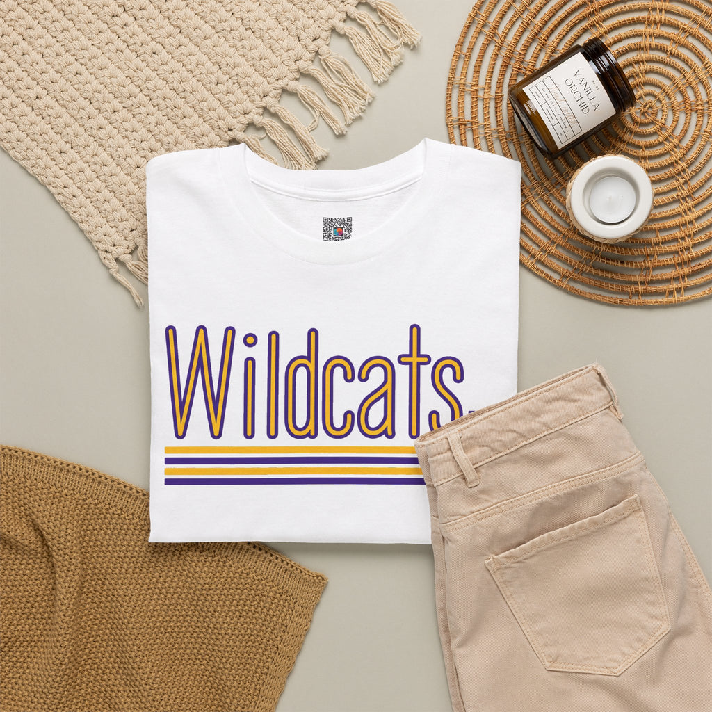 Wildcats Retro Stripe | Purple and Gold School Spirit T-Shirt | Cr8tive Designs