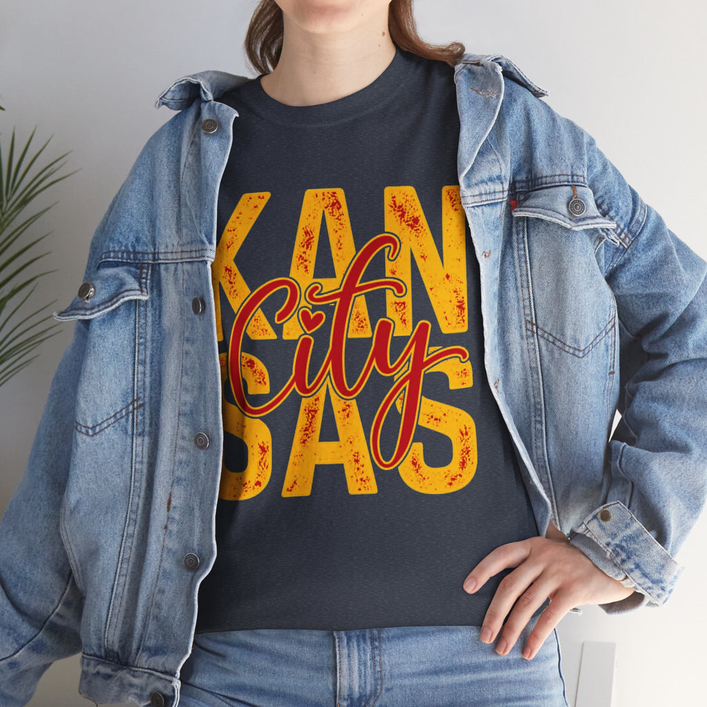 Kansas City Graphic T-Shirt | Distressed Red & Gold Script Football Apparel | Cr8tive Designs
