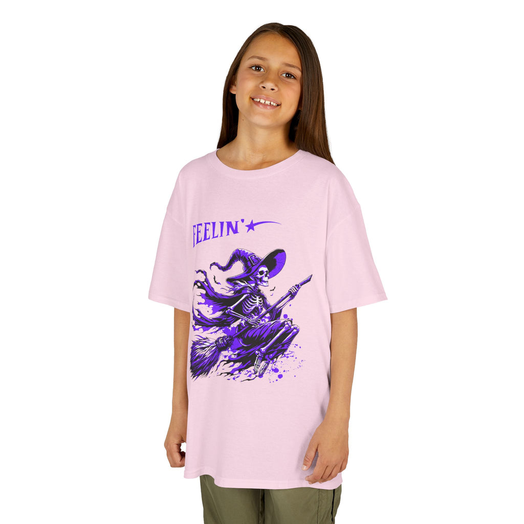 Kids Witch Broom Tee "Feelin'" | Purple Witch Flying Graphic T‑Shirt | Cr8tive Designs