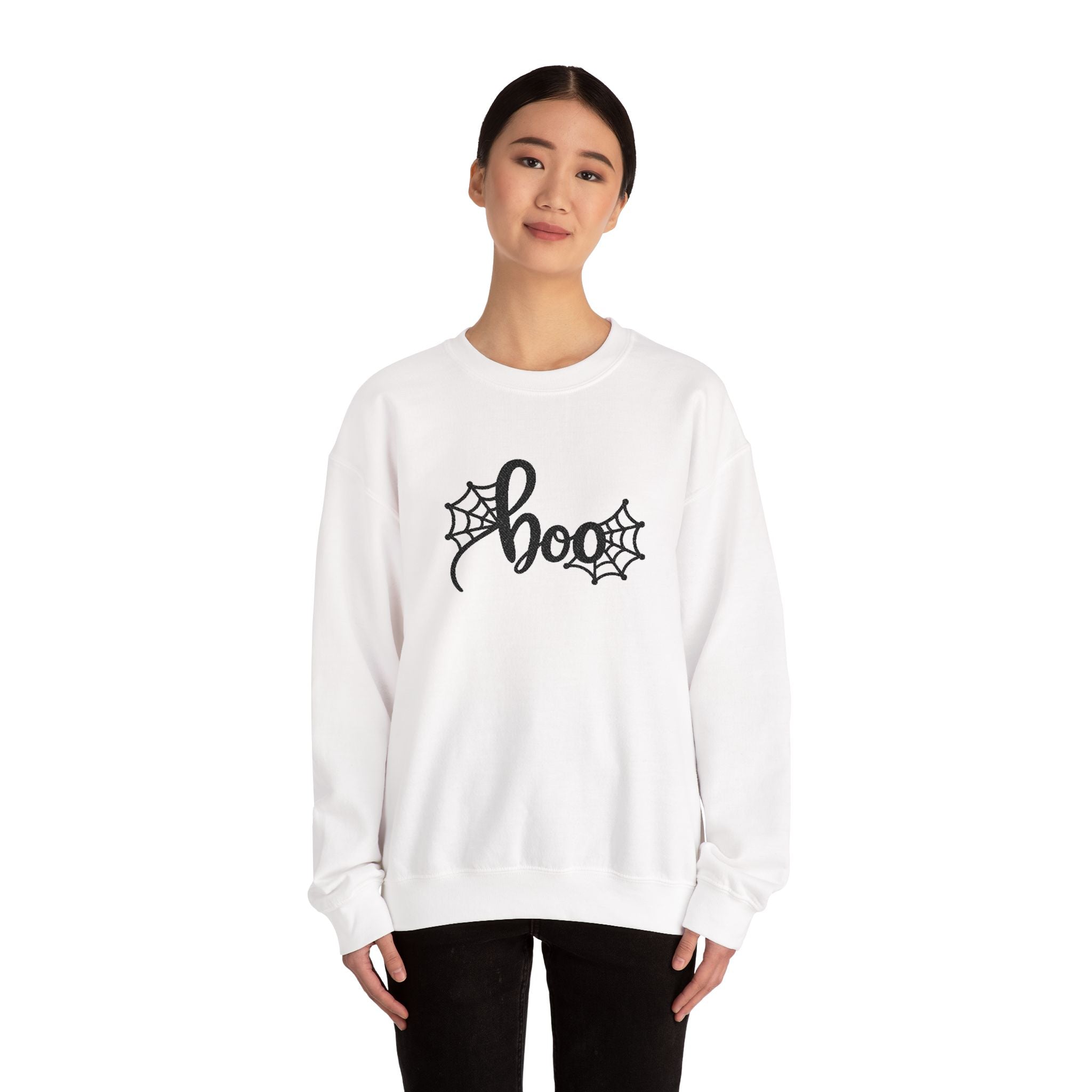 Embroidered Boo Spiderweb Sweatshirt | Retro Spider Web Halloween Sweatshirt | Cr8tive Designs