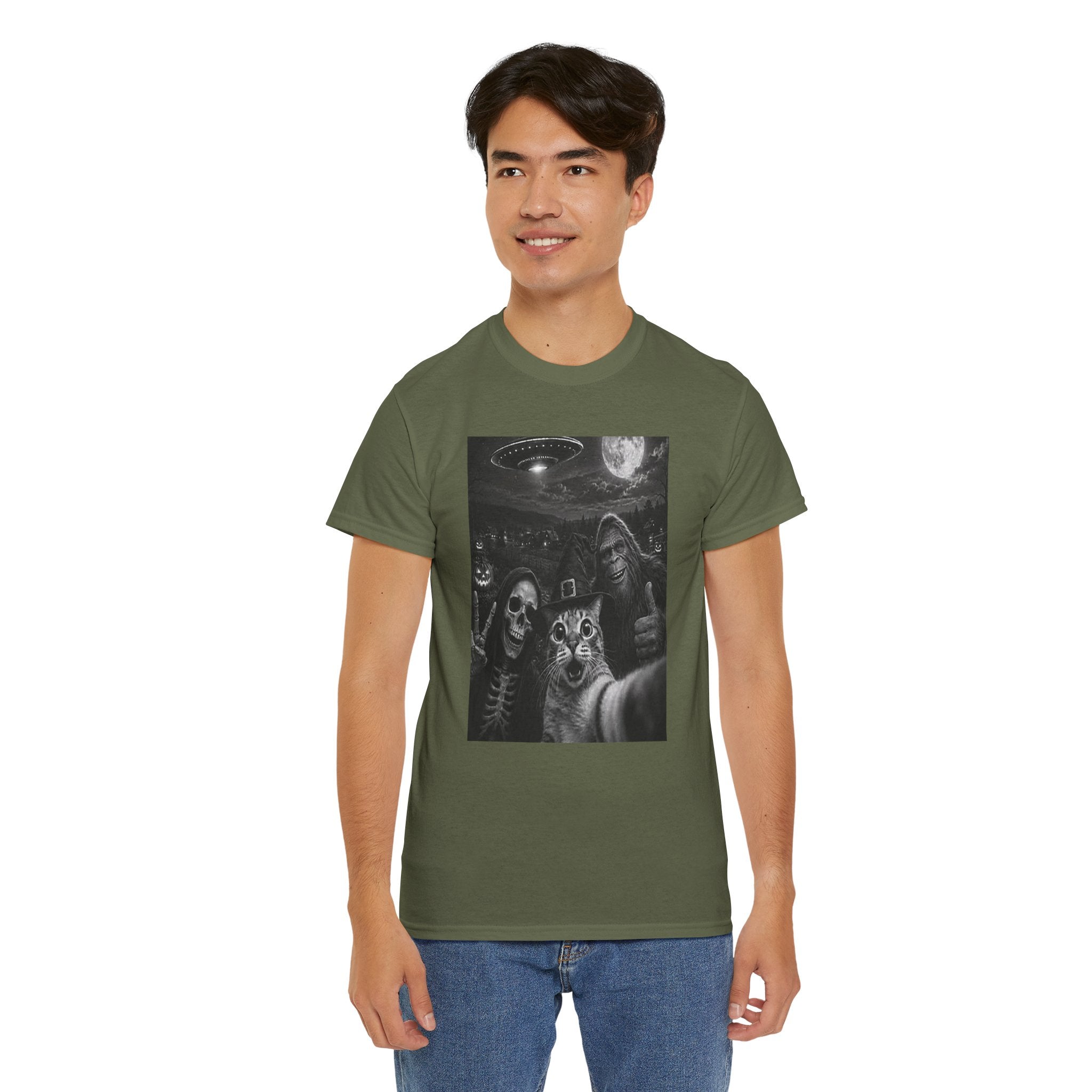 Spooky Squad Selfie Shirt | Funny Halloween Bigfoot Cat Alien Graphic Tee | Cr8tive Designs