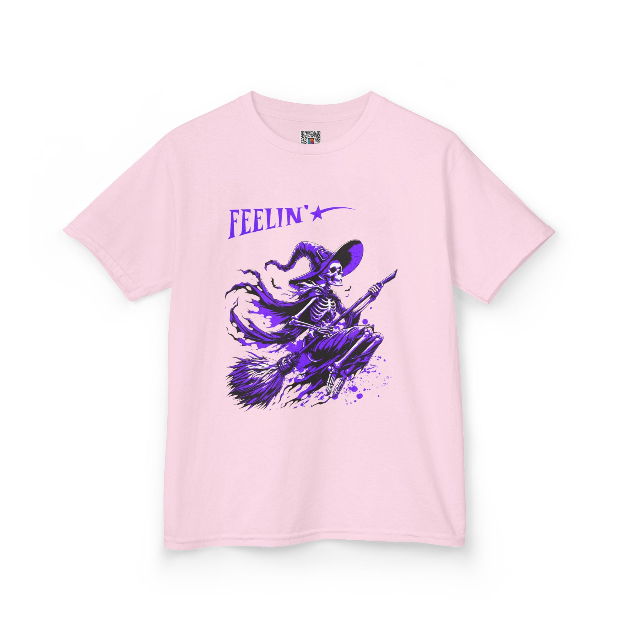 Kids Witch Broom Tee "Feelin'" | Purple Witch Flying Graphic T‑Shirt | Cr8tive Designs
