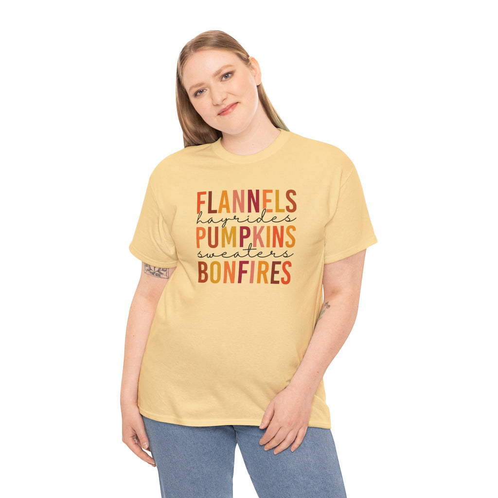 Flannels Hayrides Pumpkins & Bonfires Tee | Cozy Fall Favorites T-Shirt | Cr8tive Designs