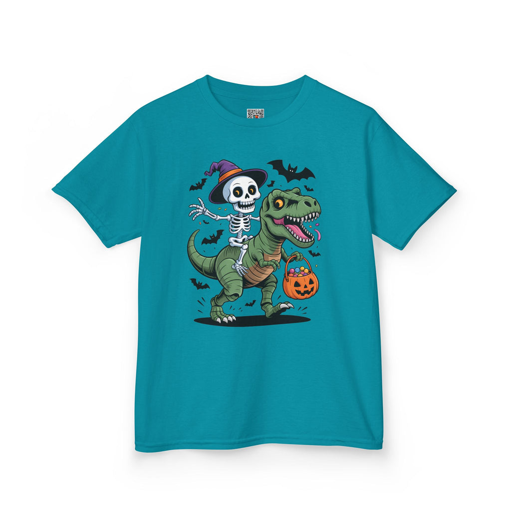 Skeleton Riding T-Rex Youth T-Shirt | Spooky Dino Halloween Kids Tee | Cr8tive Designs