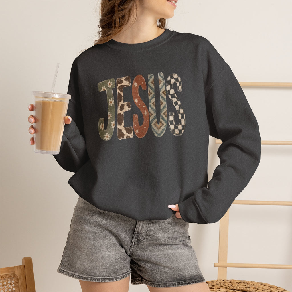 Patterned Jesus Western Sweatshirt | Southwestern Cow Print Faith Crewneck | Cr8tive Designs