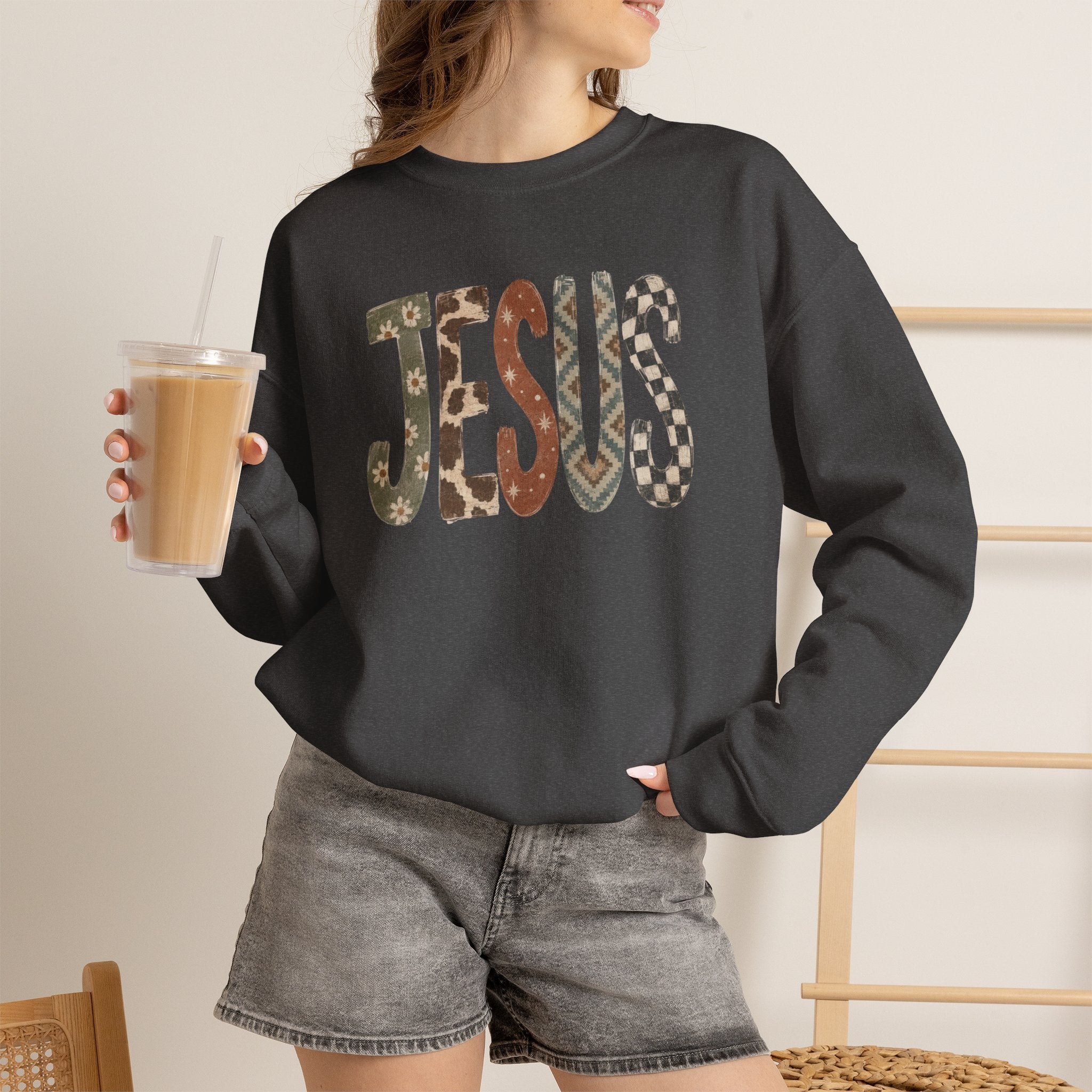 Patterned Jesus Western Sweatshirt | Southwestern Cow Print Faith Crewneck | Cr8tive Designs