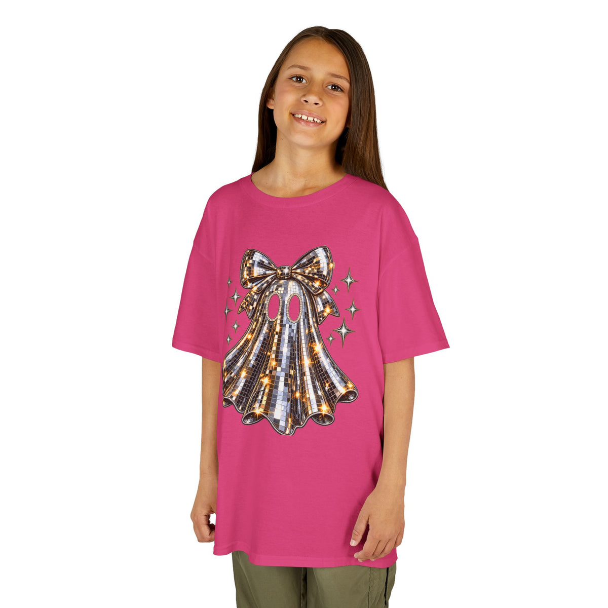 Disco Ball Ghost With Bow T-Shirt | Cute Spooky Sparkle Halloween Tee | Cr8tive Designs