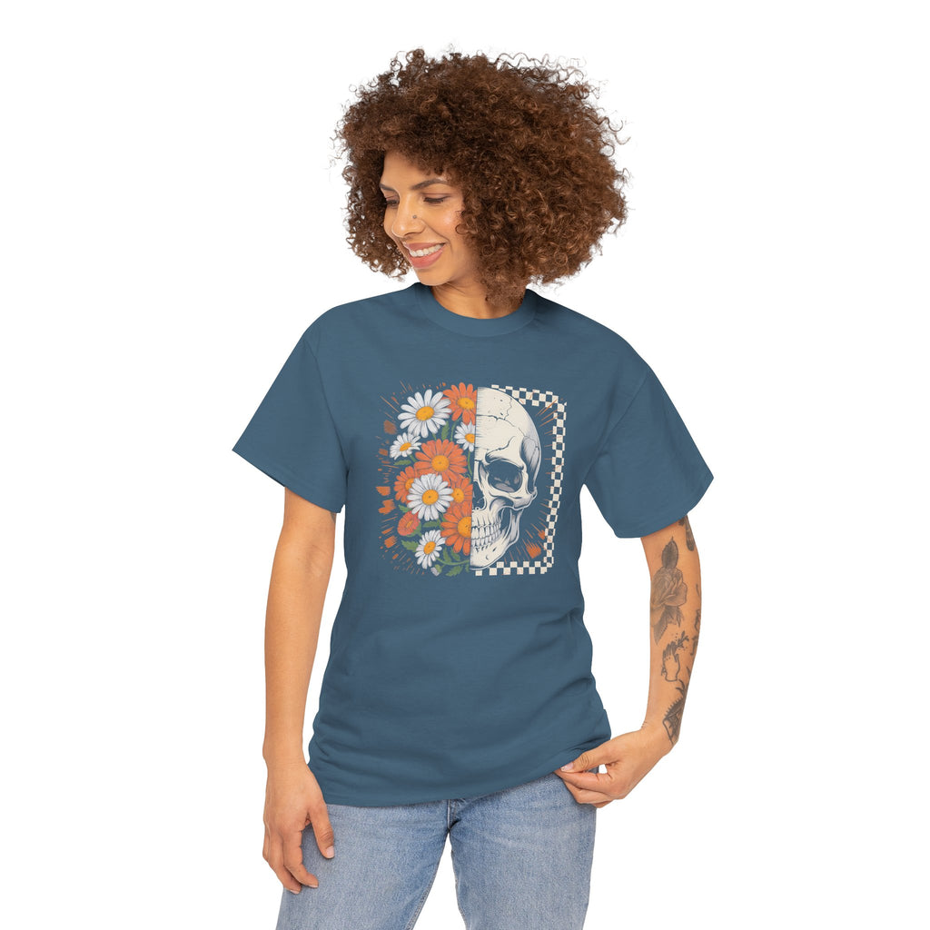 Half Floral Half Skull T-Shirt | Daisy Flower Skull Fall Graphic Tee | Cr8tive Designs
