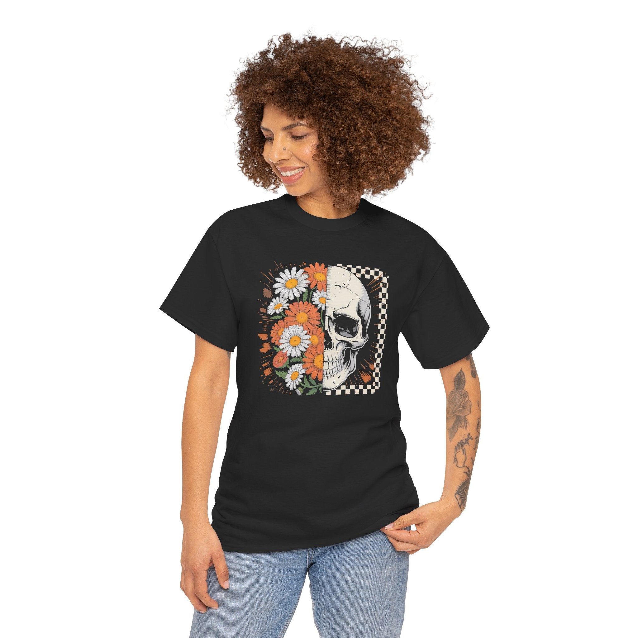 Half Floral Half Skull T-Shirt | Daisy Flower Skull Fall Graphic Tee | Cr8tive Designs