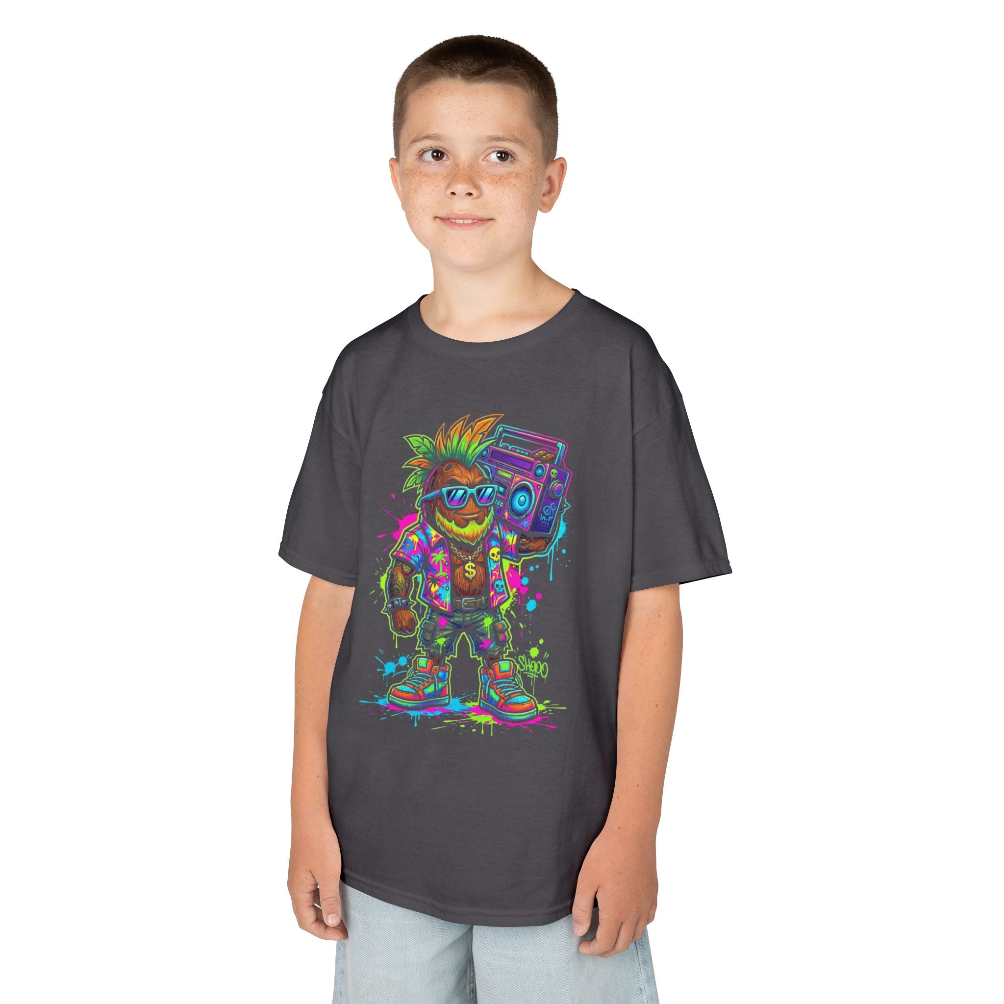 Kids Retro Streetwear T‑Shirt | Neon Skateboarder with Boombox Graphic | Cr8tive Designs