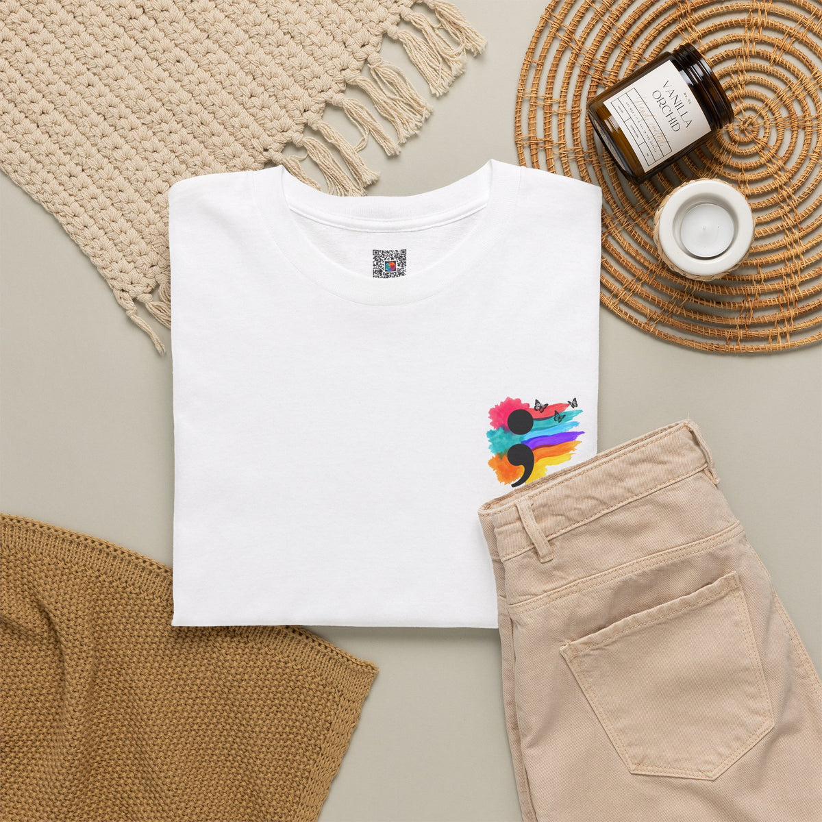 Watercolor Semicolon T-Shirt | Rainbow Splash Mental Health Pocket Print Tee | Cr8tive Designs