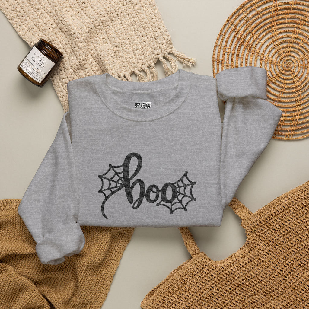 Embroidered Boo Spiderweb Sweatshirt | Retro Spider Web Halloween Sweatshirt | Cr8tive Designs