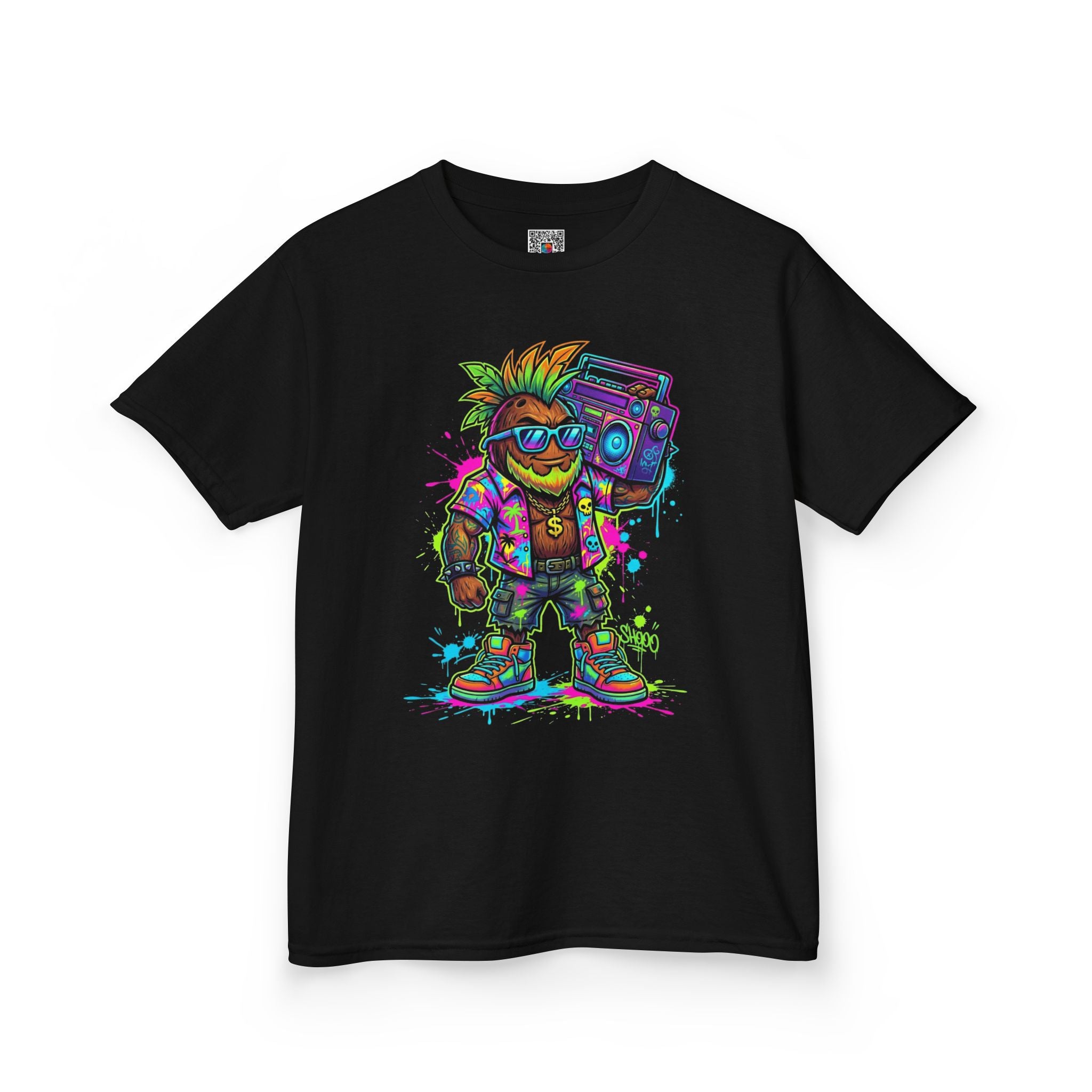 Kids Retro Streetwear T‑Shirt | Neon Skateboarder with Boombox Graphic | Cr8tive Designs